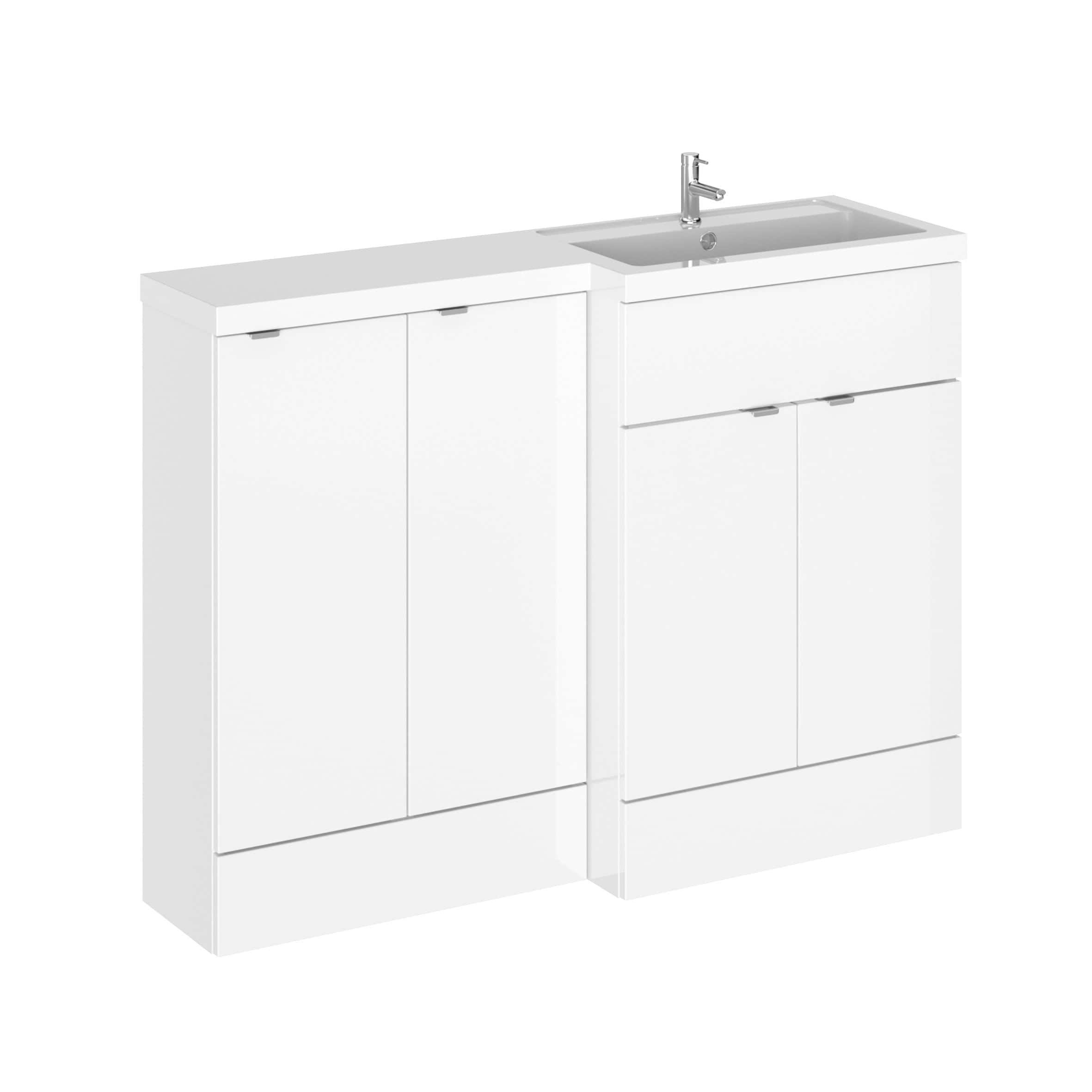 Modern white bathroom vanity with integrated sink and storage cabinets, ideal for contemporary bathrooms. Sleek design with clean lines and practical functionality, perfect for bathroom renovations and updates.