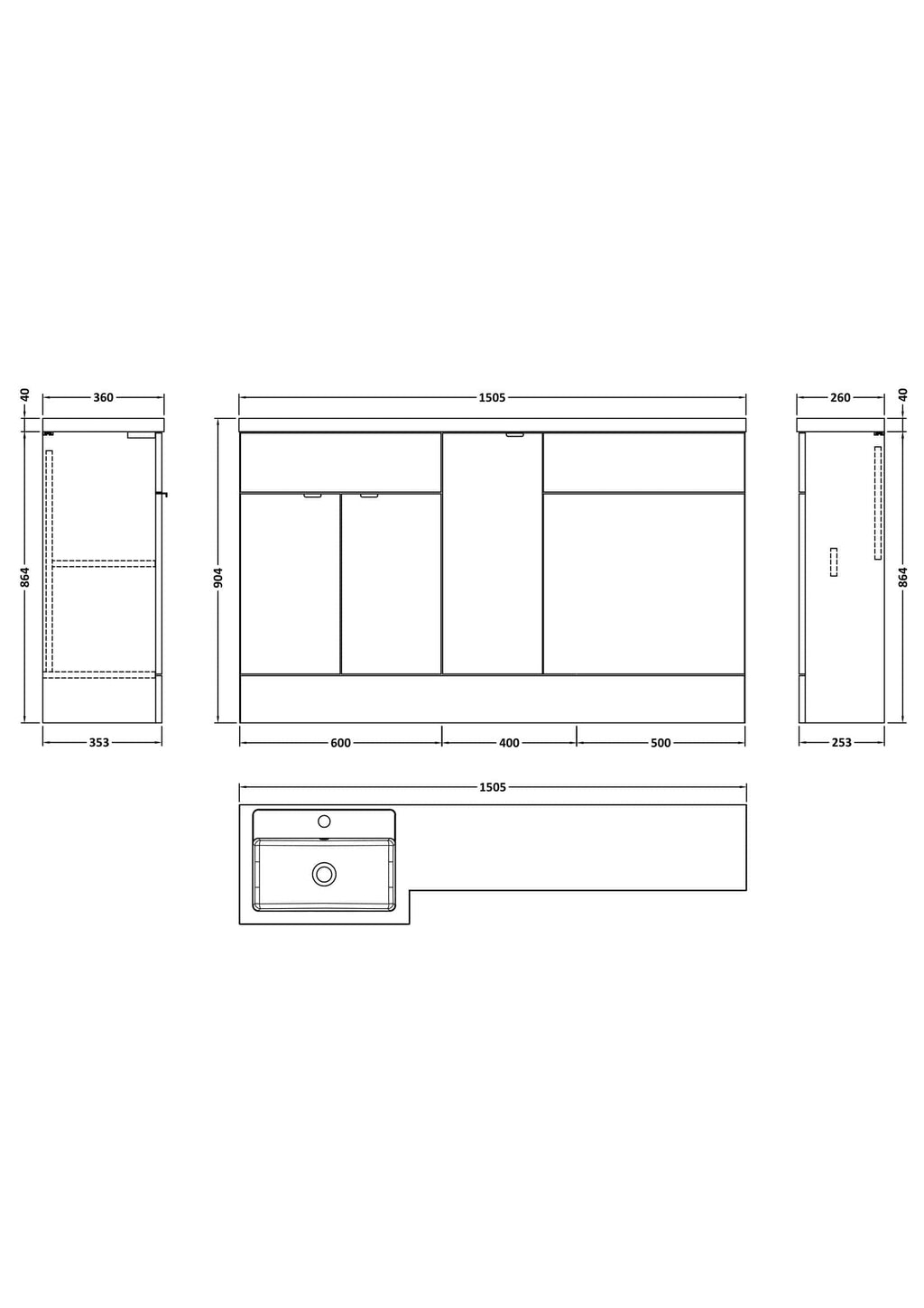 High-quality bathroom vanity unit with sink, detailed technical drawing, and measurements, perfect for modern bathroom renovation and installation.