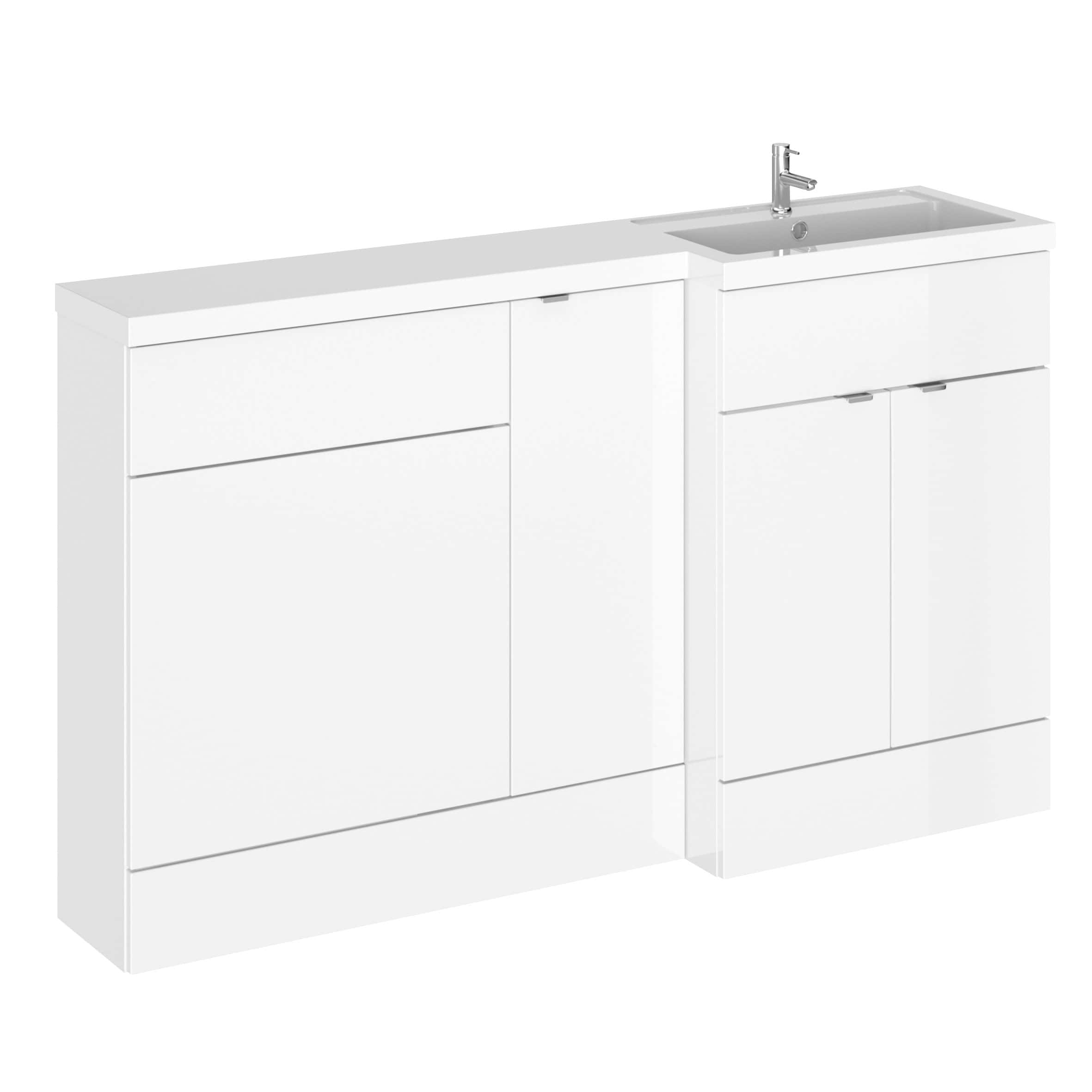 Sleek white bathroom vanity with integrated sink and modern storage drawers, ideal for contemporary bathrooms, providing ample space and minimalist design.