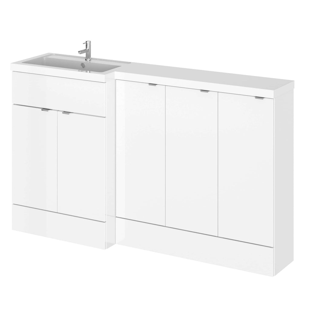 Sleek white bathroom vanity unit with integrated sink and storage cabinets, ideal for modern bathrooms and perfect for organising toiletries and plumbing essentials.