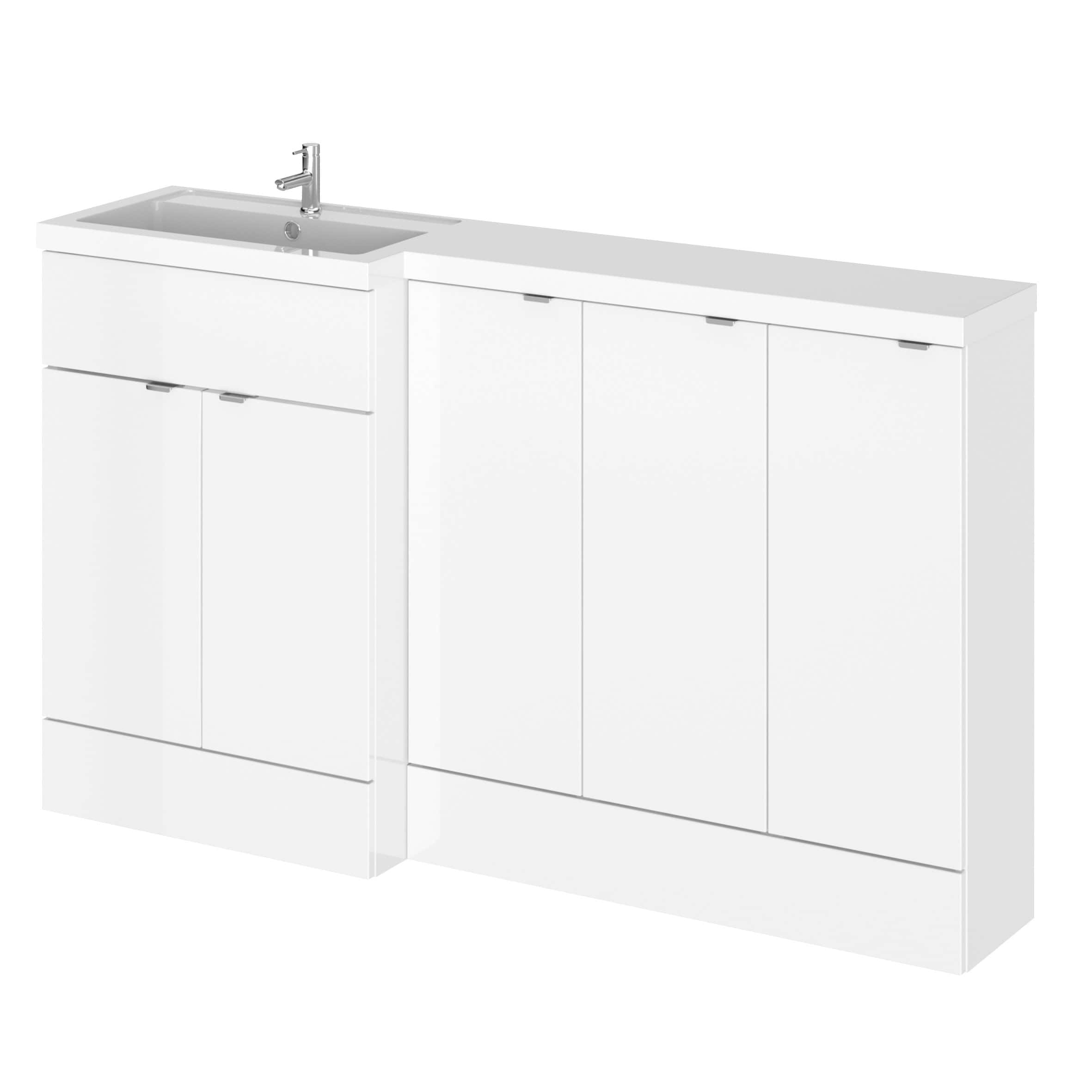 Sleek white bathroom vanity unit with integrated sink and storage cabinets, ideal for modern bathrooms and perfect for organising toiletries and plumbing essentials.