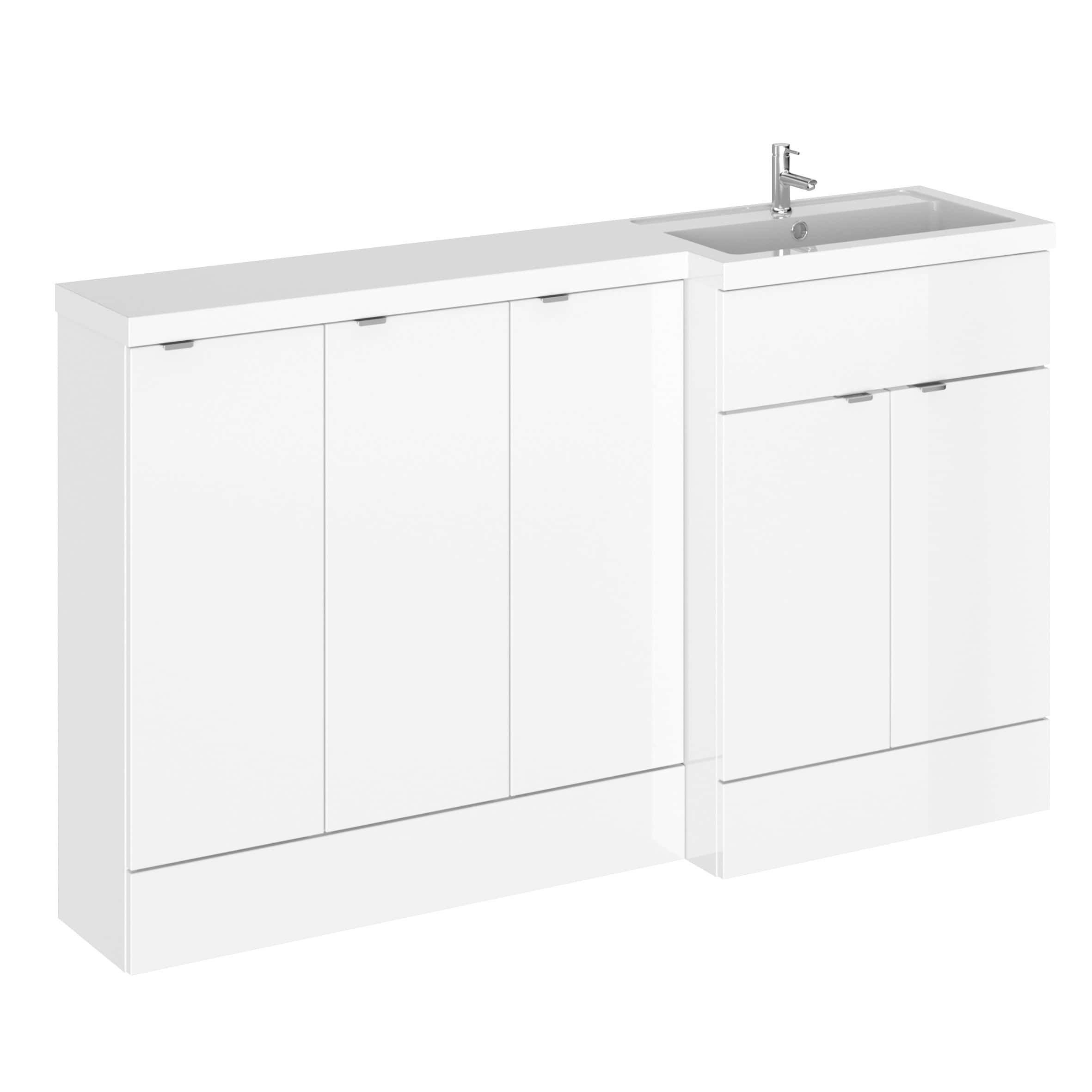 White modern bathroom vanity unit with integrated sink and storage cabinets, ideal for contemporary bathroom interior design in the UK.