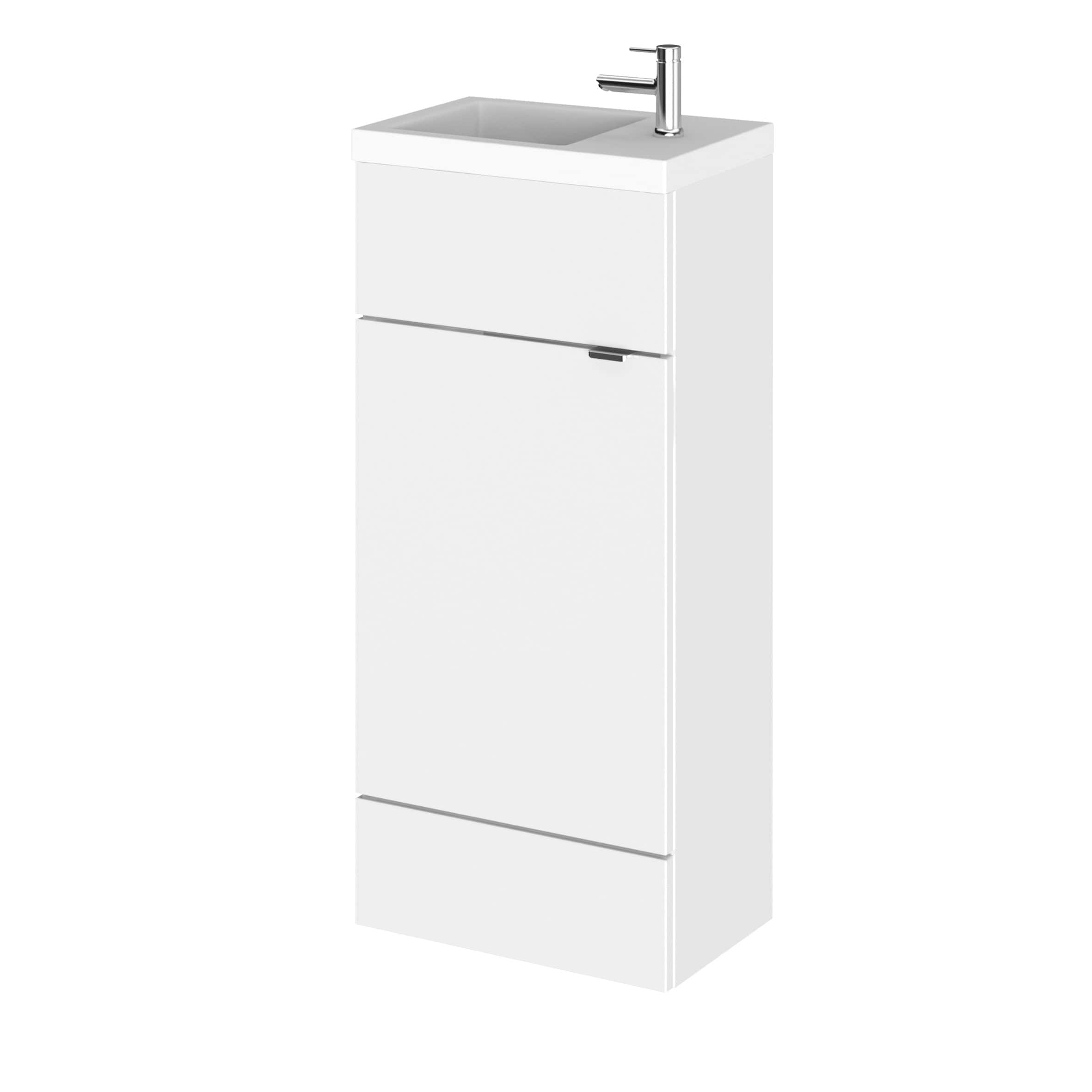 Sleek white bathroom vanity with integrated sink and modern chrome tap, designed for contemporary bathroom spaces. Perfect storage and style for your bathroom renovation.
