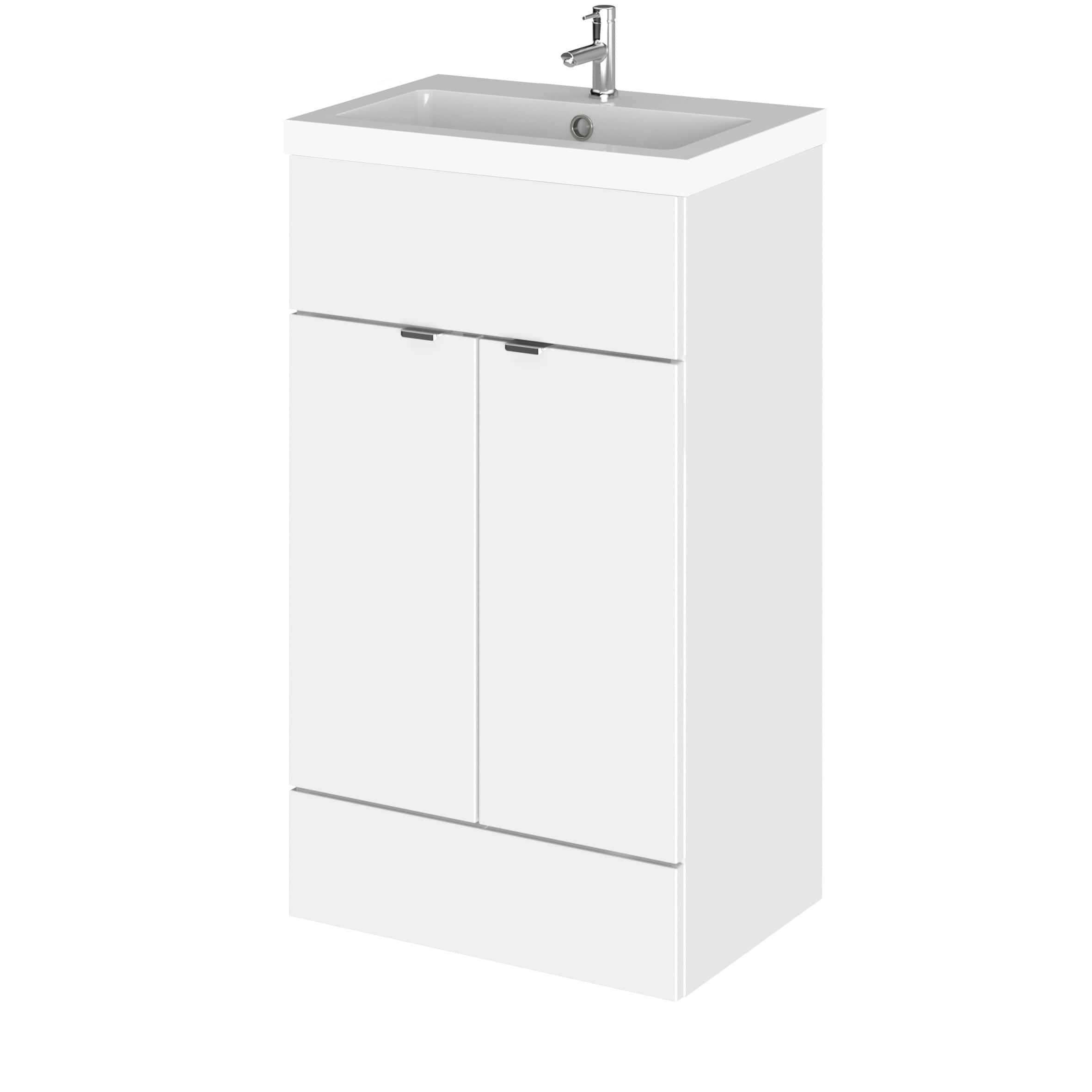Contemporary white bathroom cabinet with integrated sink and chrome faucet, ideal for modern bathroom storage solutions. Perfect for organising essentials with sleek design and durable finish.