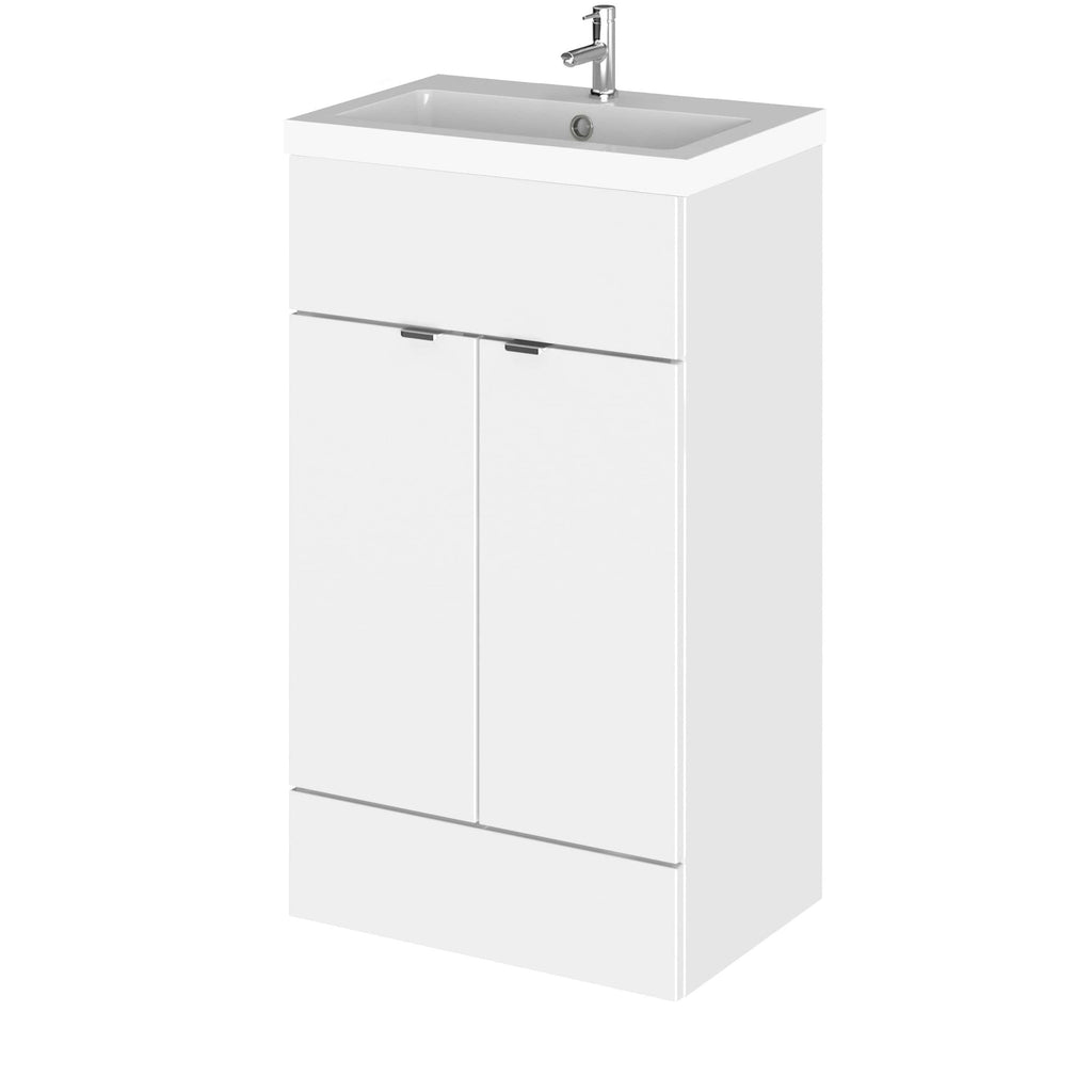 Contemporary white bathroom cabinet with integrated sink and chrome faucet, ideal for modern bathroom storage solutions. Perfect for organising essentials with sleek design and durable finish.