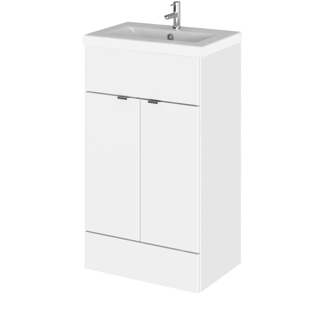 Modern white bathroom vanity with integrated sink and storage cabinet, ideal for contemporary bathroom designs. Perfect for organising toiletries and enhancing bathroom aesthetics.