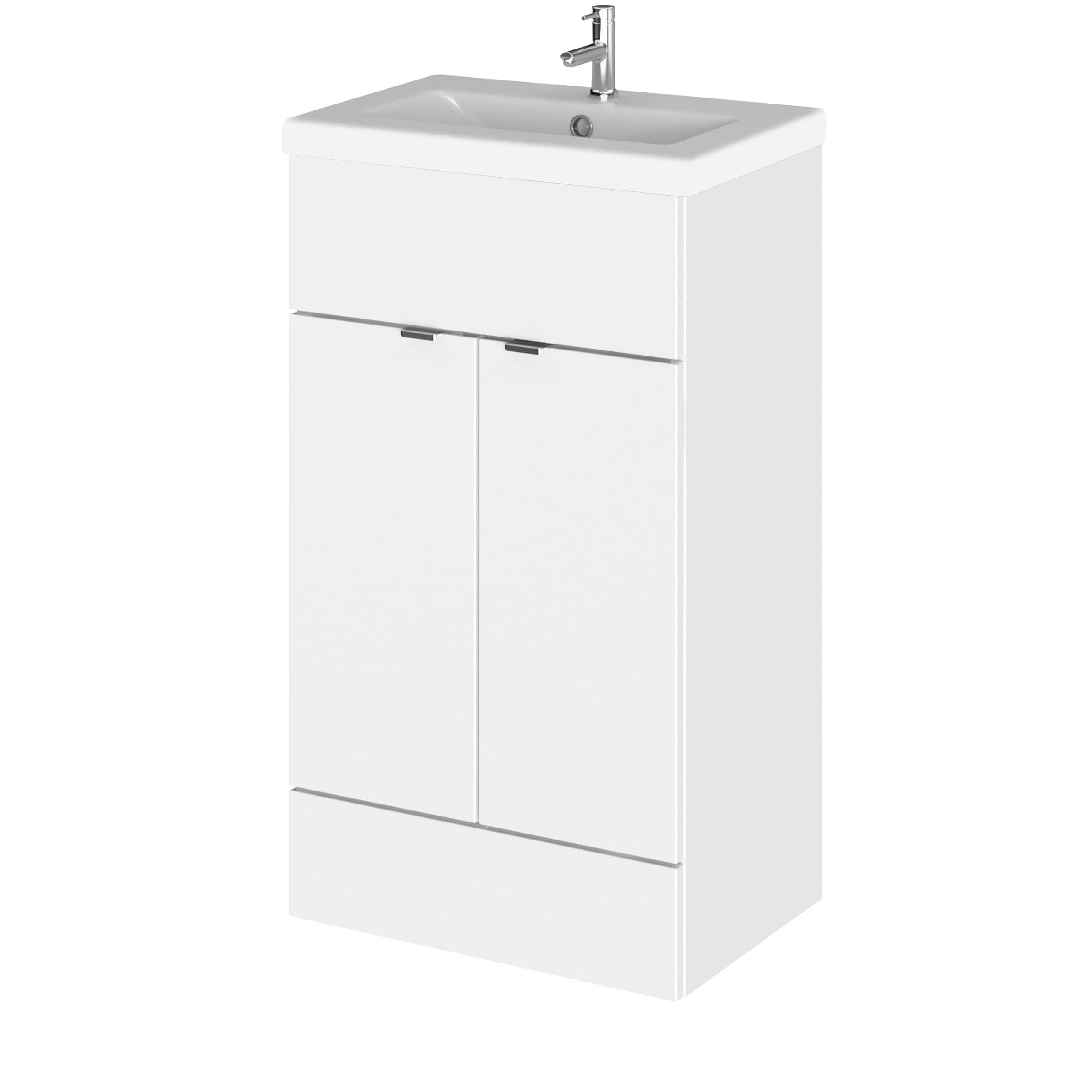 Modern white bathroom vanity with integrated sink and storage cabinet, ideal for contemporary bathroom designs. Perfect for organising toiletries and enhancing bathroom aesthetics.