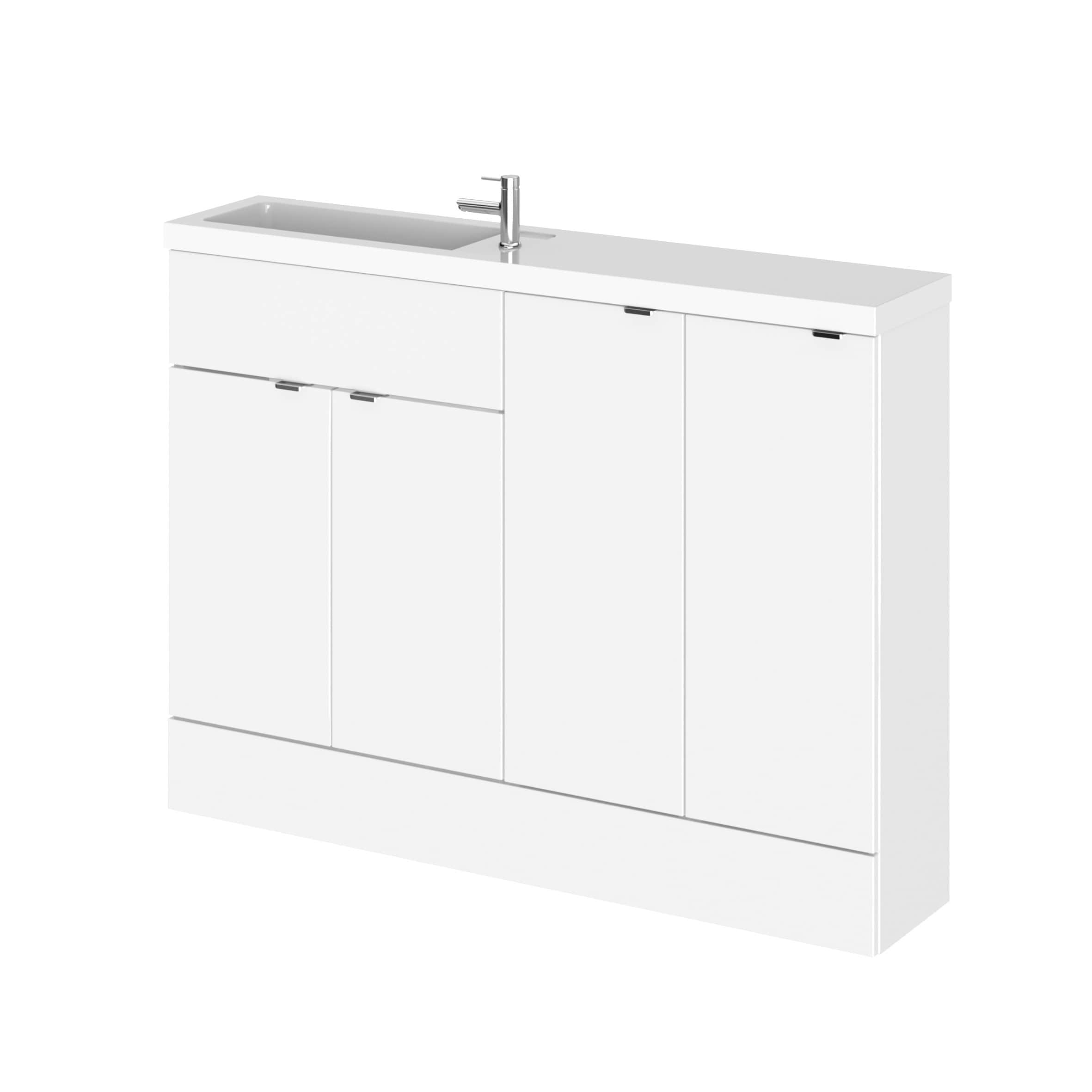 Sleek white bathroom vanity with integrated sink and modern chrome tap, ideal for contemporary bathrooms, offering ample storage and minimalist design.