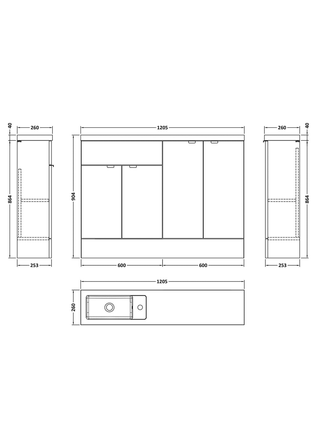High-quality bathroom vanity unit with detailed measurements for custom bathroom design and renovation. Perfect for modern bathroom interiors with ample storage space.