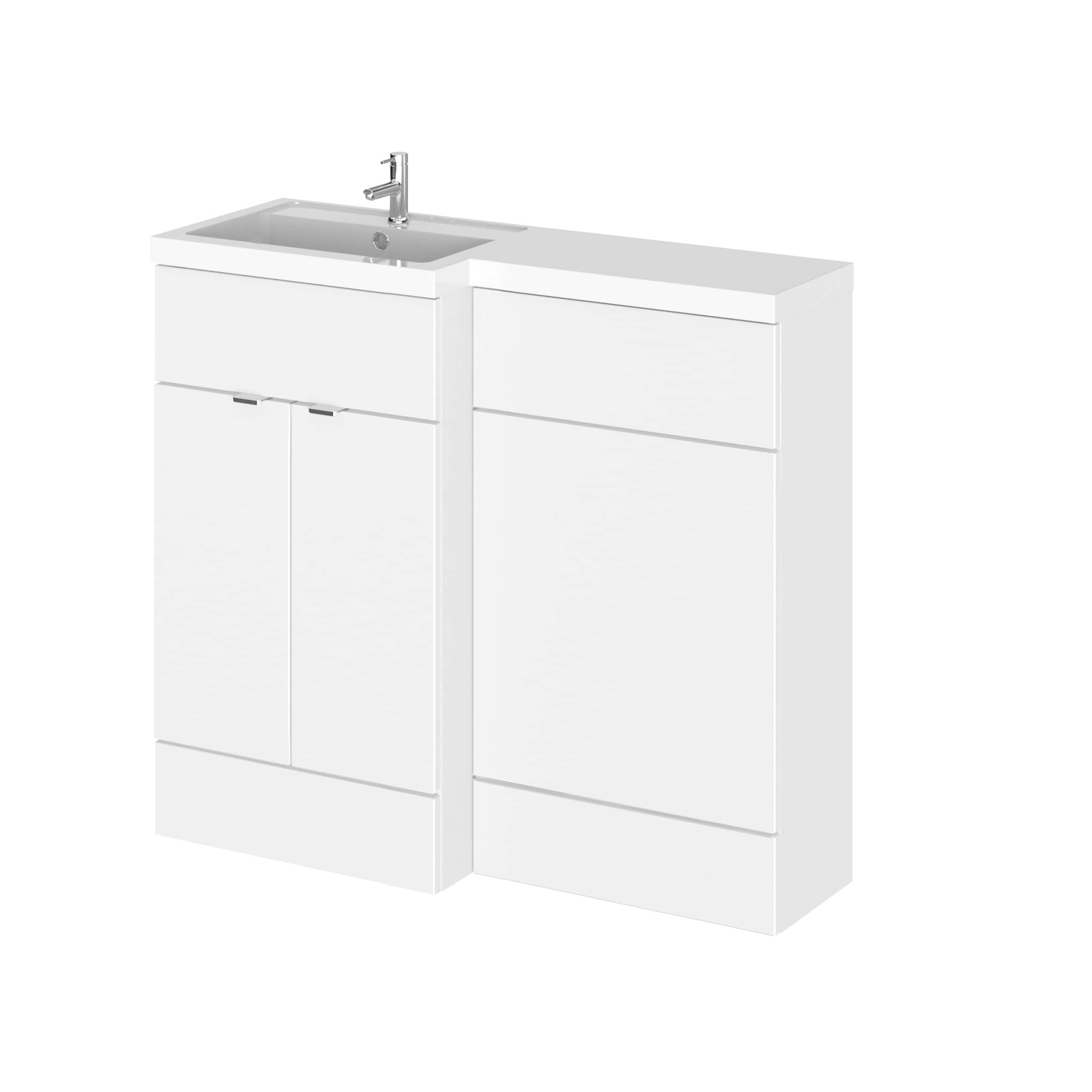 Slim white bathroom vanity unit with integrated sink and storage cabinets, ideal for modern bathroom designs. Perfect for a sleek, minimalist look with practical storage solutions.