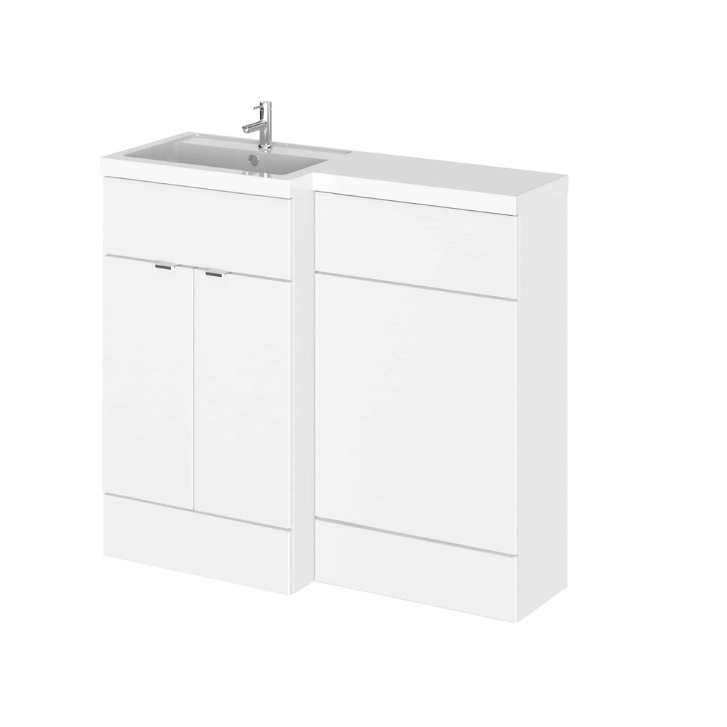 Slim white bathroom vanity unit with integrated sink and storage cabinets, ideal for modern bathroom designs. Perfect for a sleek, minimalist look with practical storage solutions.