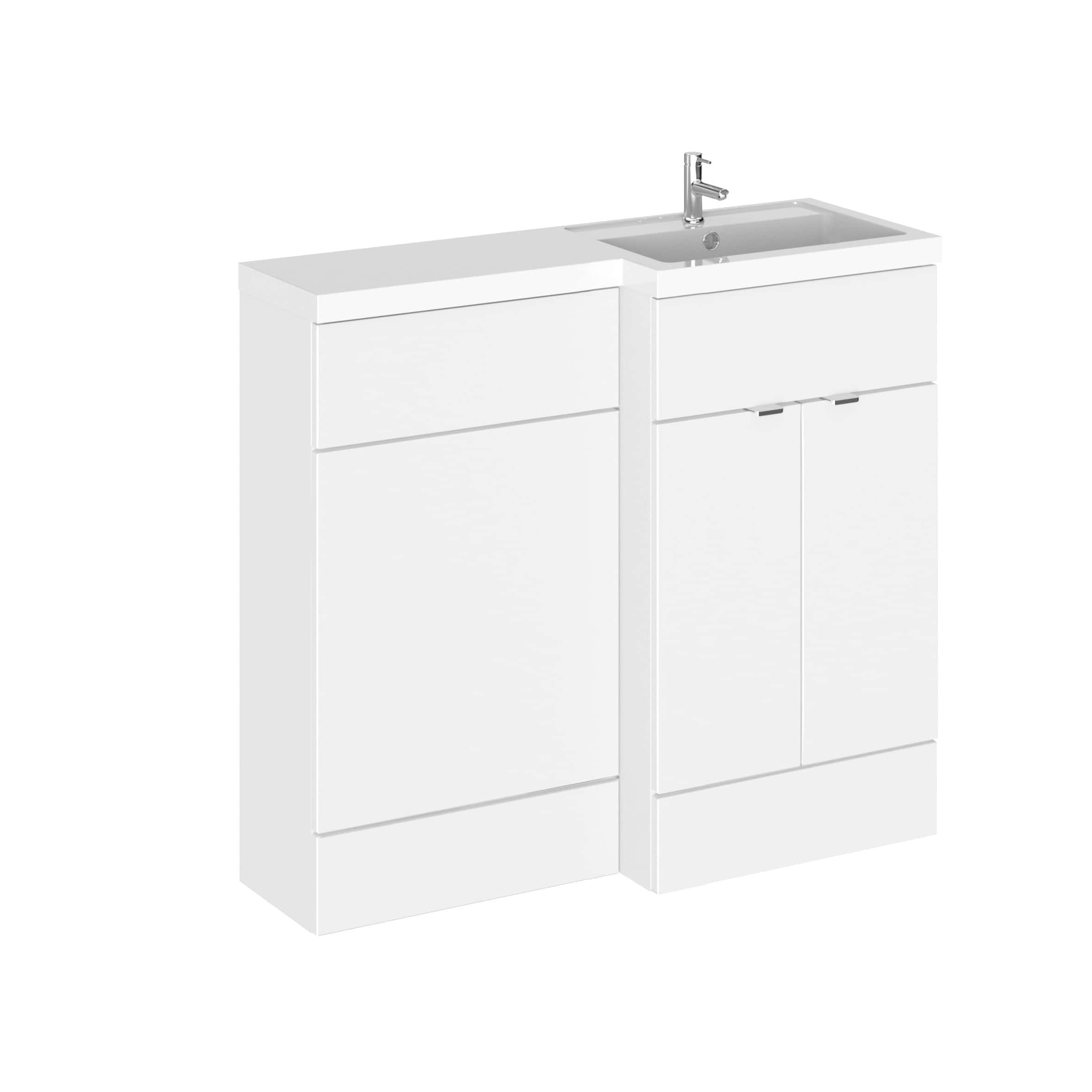 Modern white bathroom vanity unit with integrated sink and storage drawers, perfect for contemporary bathrooms. Crafted from high-quality materials, combining functionality and sleek design.
