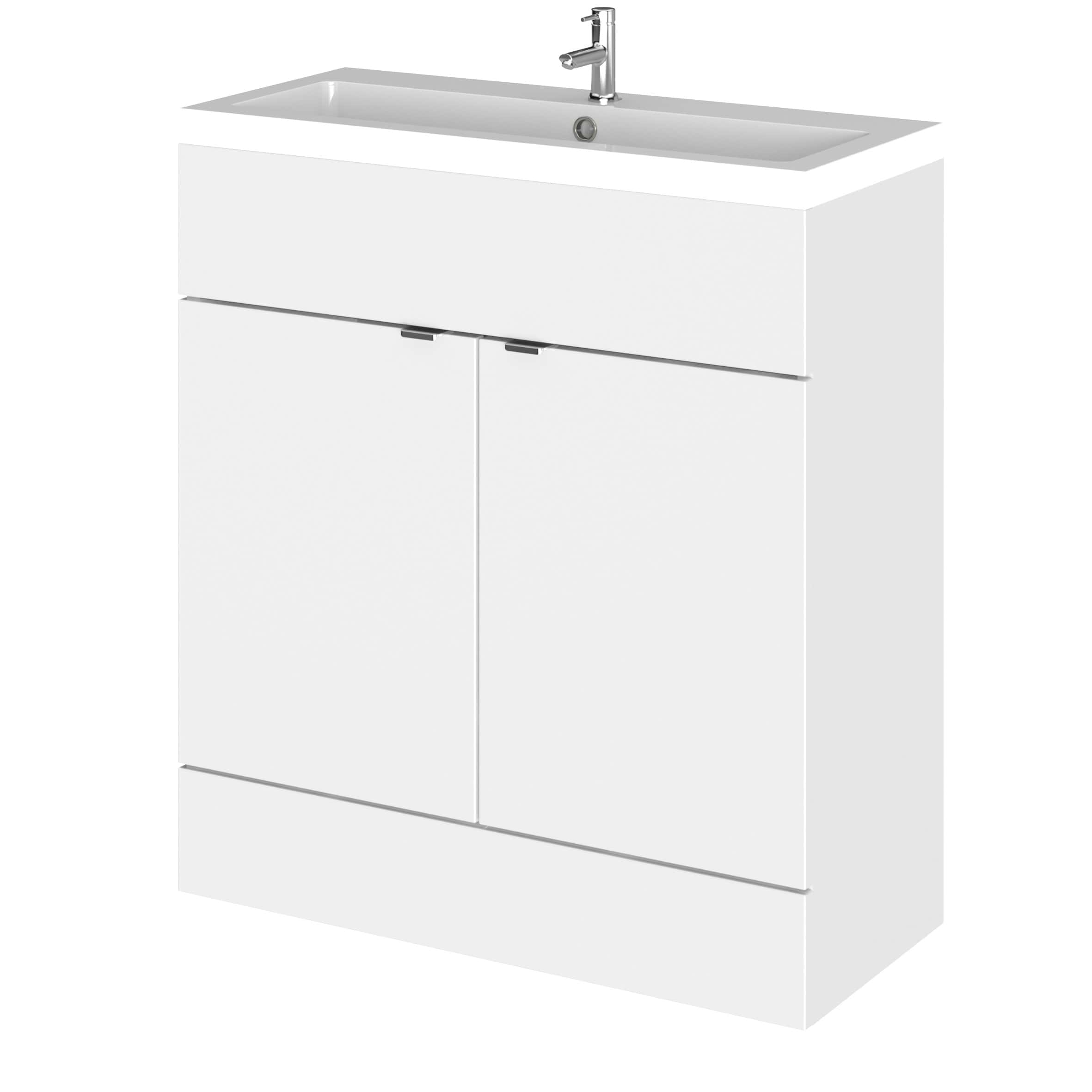 Sleek white bathroom vanity with integrated sink and modern chrome faucet, designed for contemporary bathroom spaces and optimal storage.