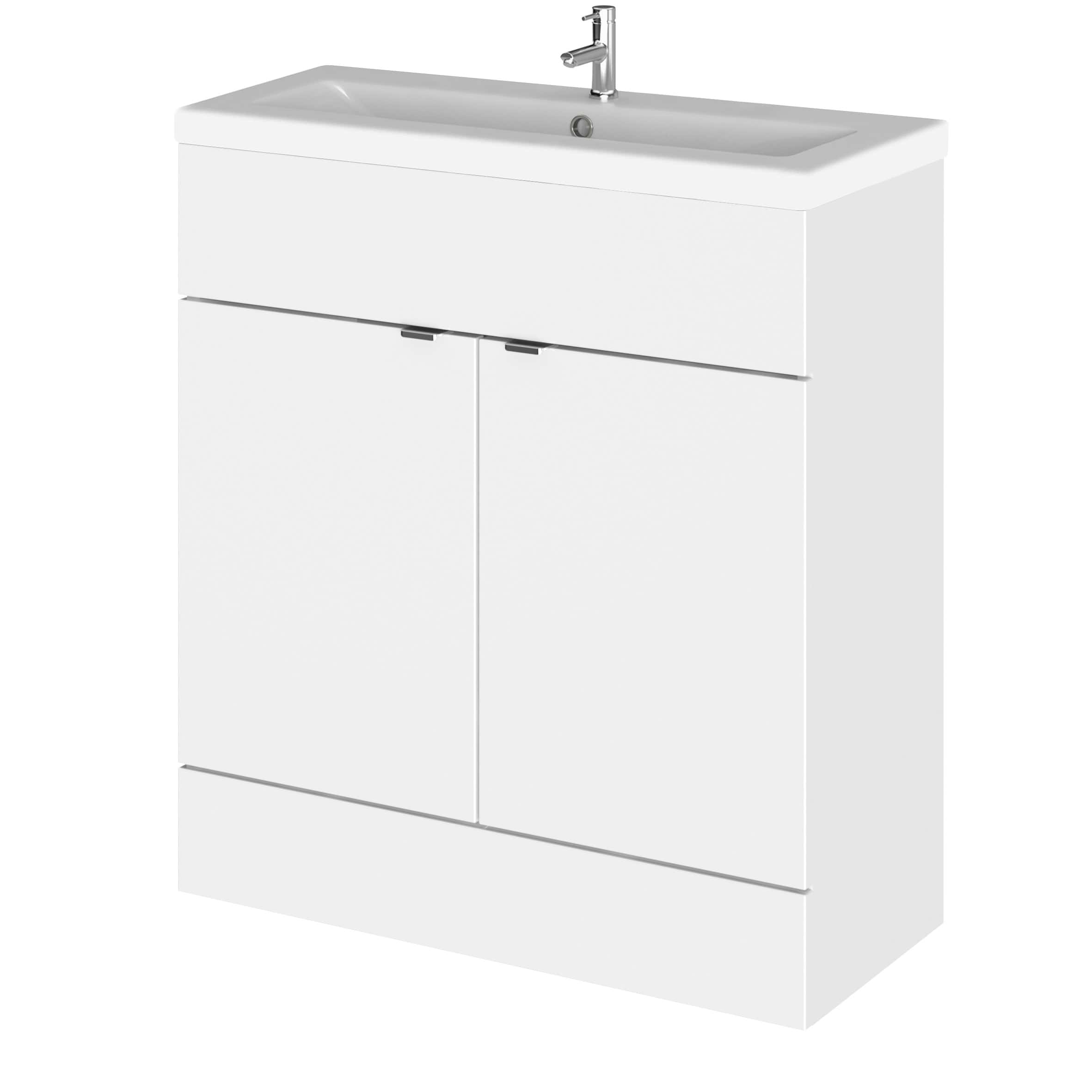 Modern white bathroom vanity with integrated sink and storage cabinets, ideal for contemporary bathroom renovations, providing practical and stylish space for toiletries.