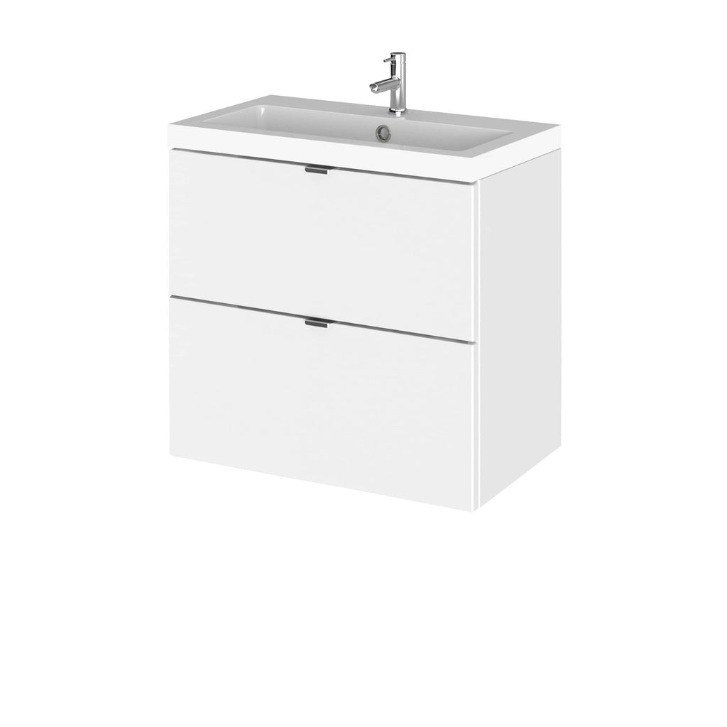 Modern white bathroom vanity with integrated sink and chrome faucet, ideal for contemporary bathroom designs and storage solutions.