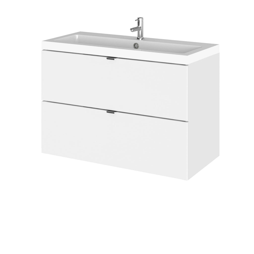 Sleek white bathroom vanity unit with integrated sink and modern chrome mixer tap, ideal for contemporary bathrooms and maximizing space efficiency.