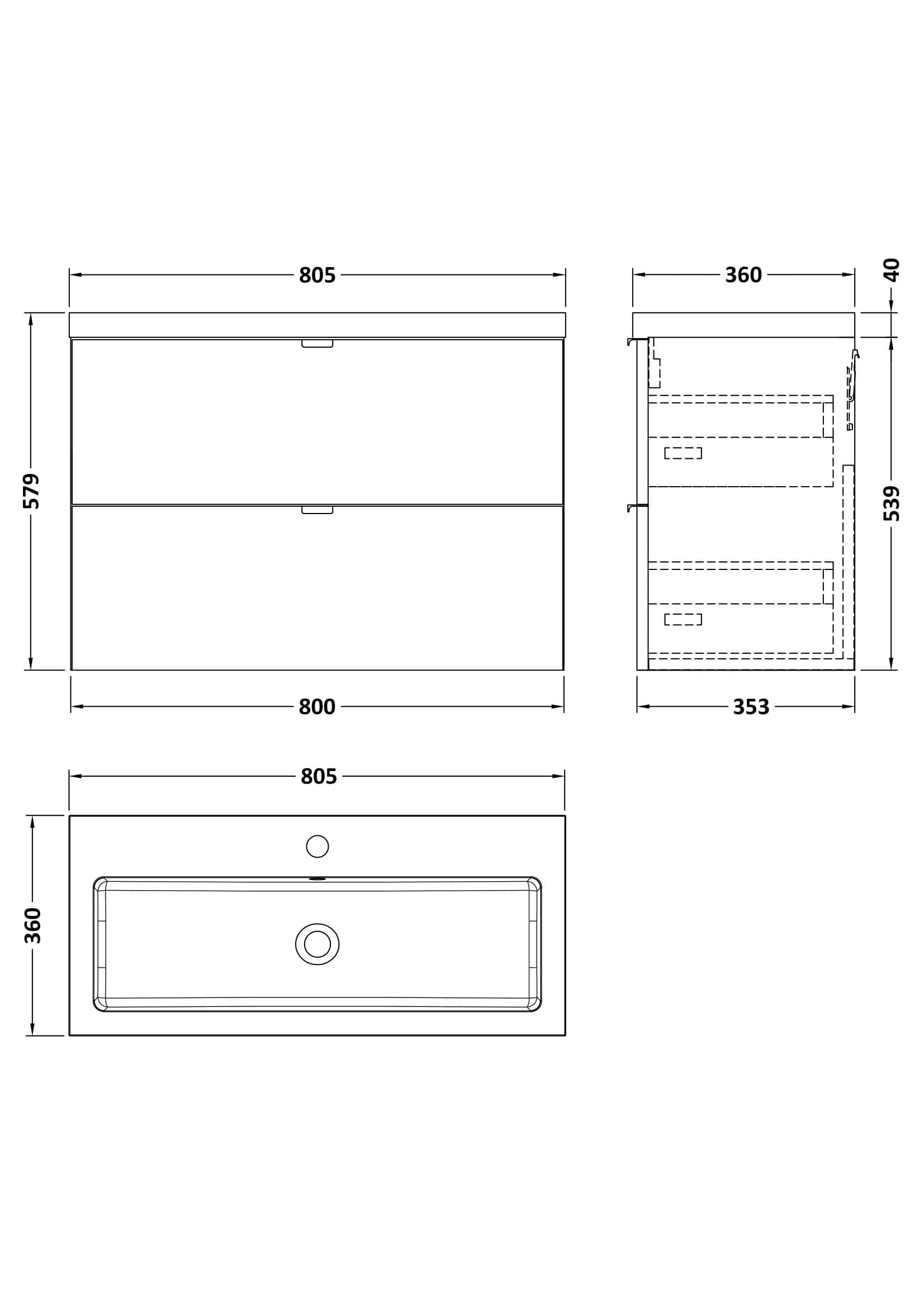 Sleek modern bathroom vanity unit with spacious drawers, designed for stylish and practical bathroom storage, dimensions 805mm x 360mm x 579mm, perfect for contemporary bathrooms.