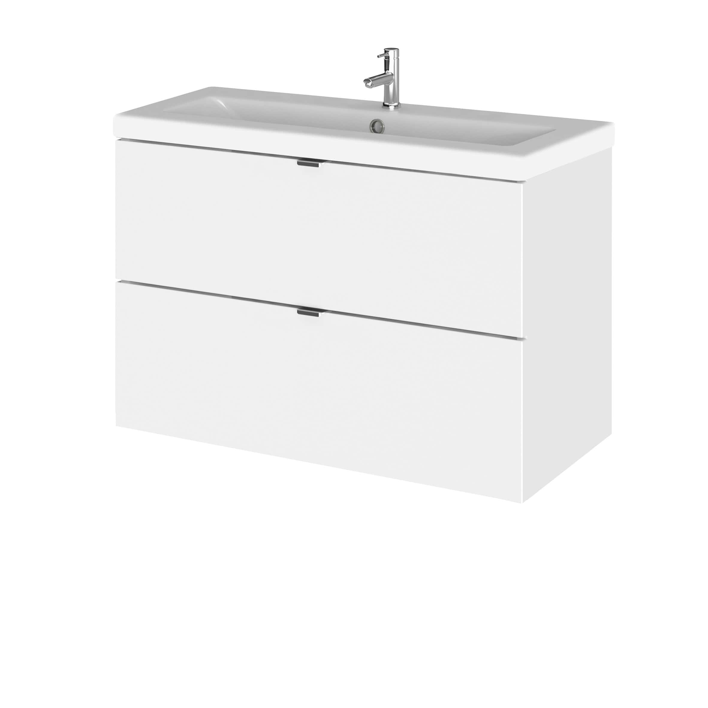 Sleek white bathroom vanity with integrated sink and modern chrome faucet, ideal for contemporary bathroom designs and space-saving solutions.