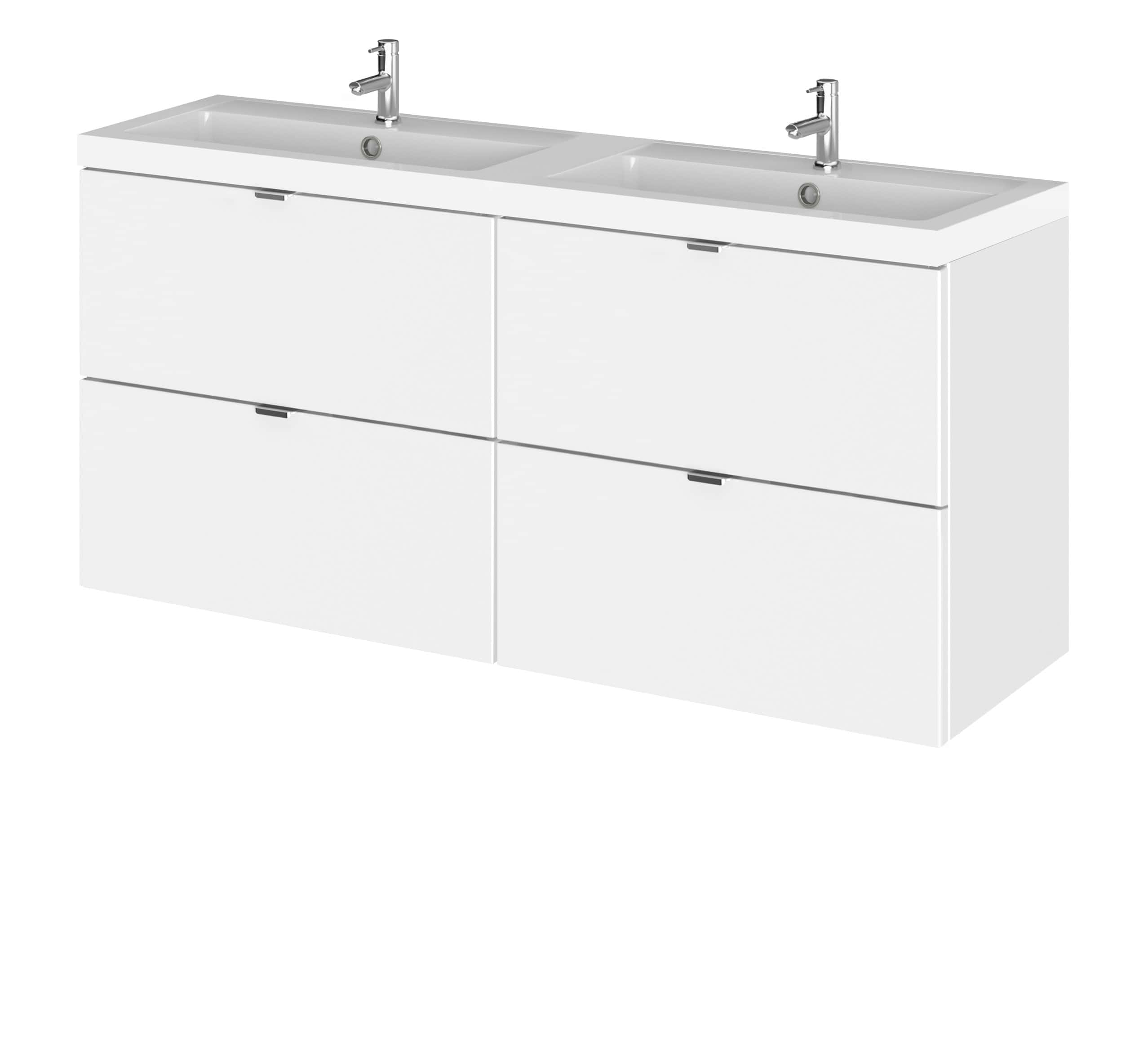Modern double bathroom vanity with integrated sinks and chrome taps, ideal for contemporary bathrooms, providing stylish storage and functionality.