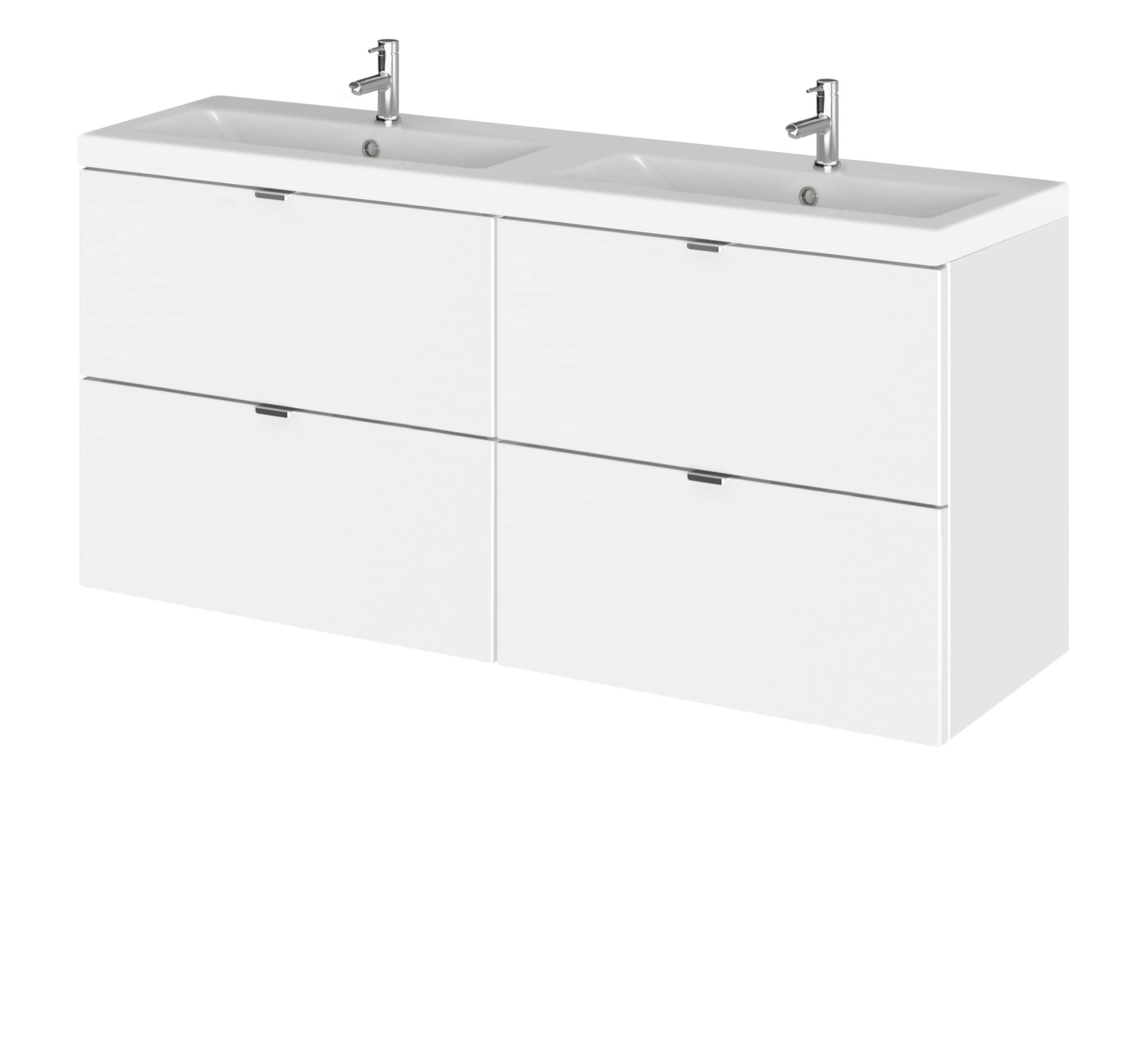 Minimalist white dual sink bathroom vanity unit with modern chrome taps, ideal for contemporary bathroom renovation, offering ample storage and sleek design.