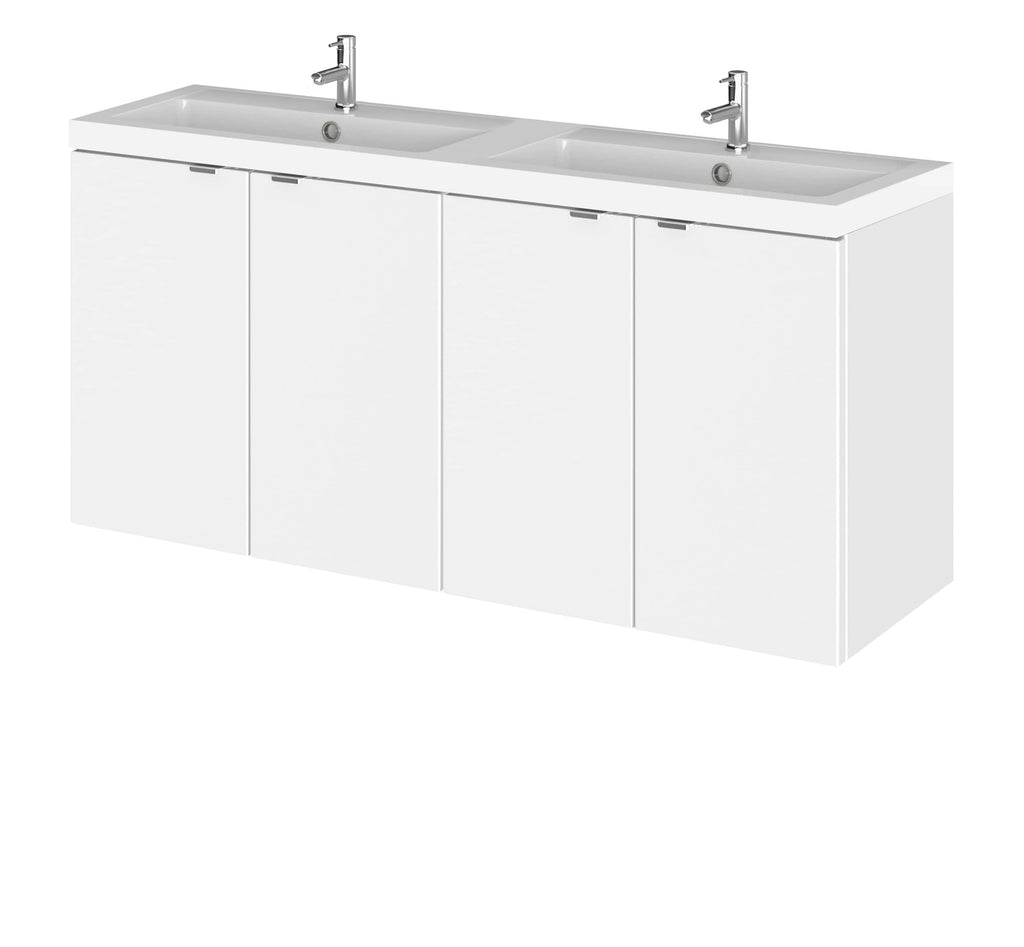 Modern white double kitchen sink unit with integrated cabinets for bathroom or kitchen use.