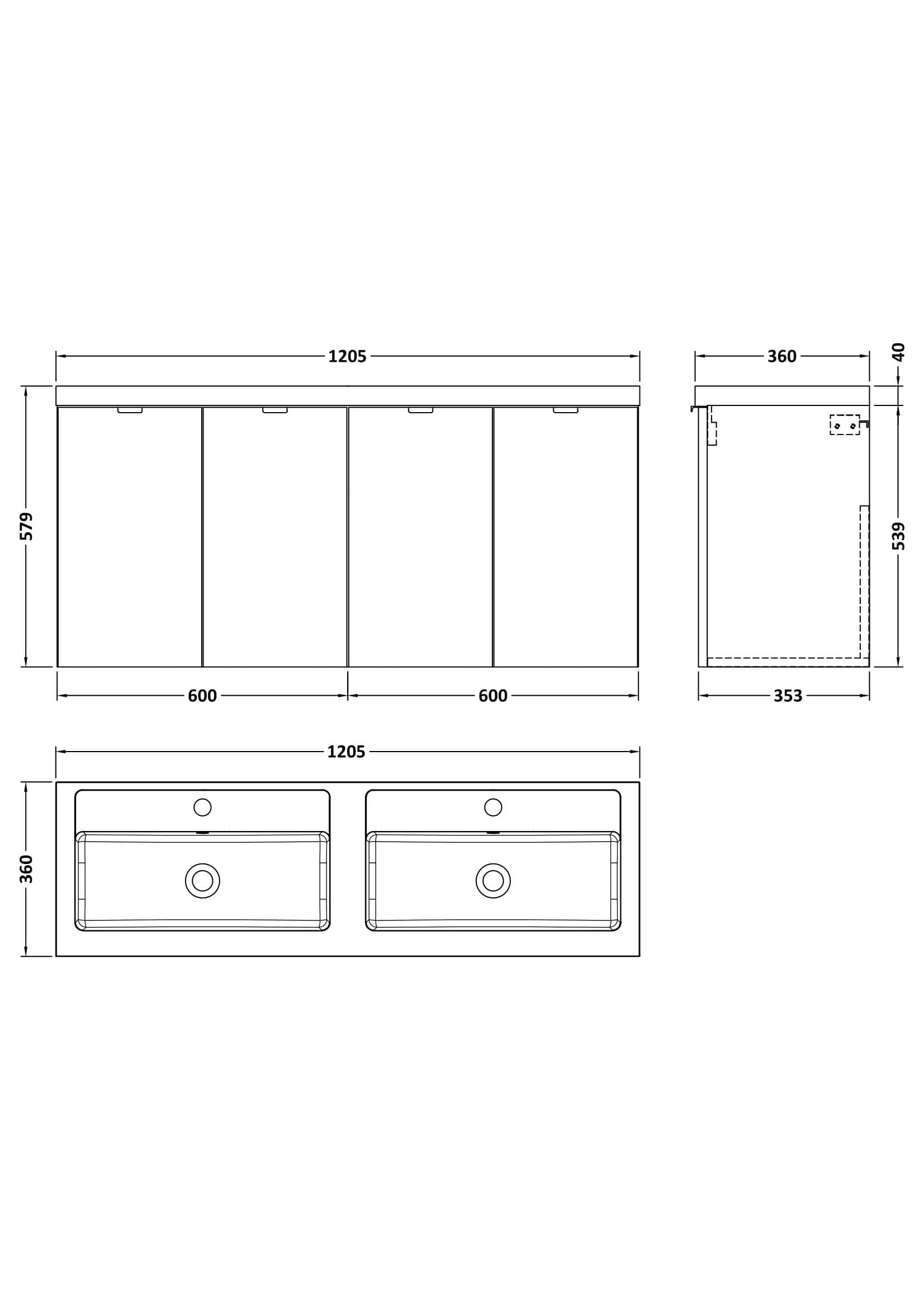 Schematic drawing of a Bubly Bathrooms double vanity unit with detailed measurements, including width, height, depth, and sink placement, ideal for bathroom renovation projects.