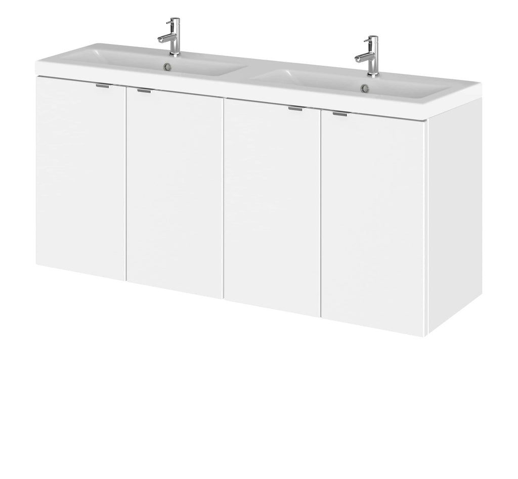 Bright white double bathroom vanity unit with twin sinks, modern chrome faucets, and sleek storage cabinets, perfect for contemporary Bubly bathrooms.