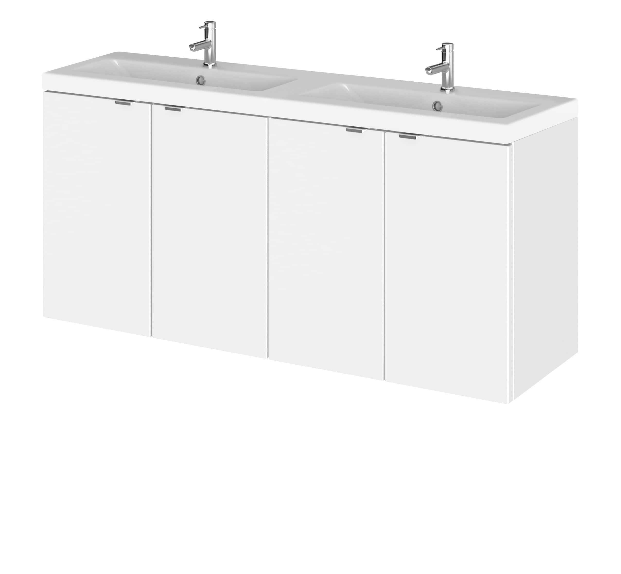 Bright white double bathroom vanity unit with twin sinks, modern chrome faucets, and sleek storage cabinets, perfect for contemporary Bubly bathrooms.