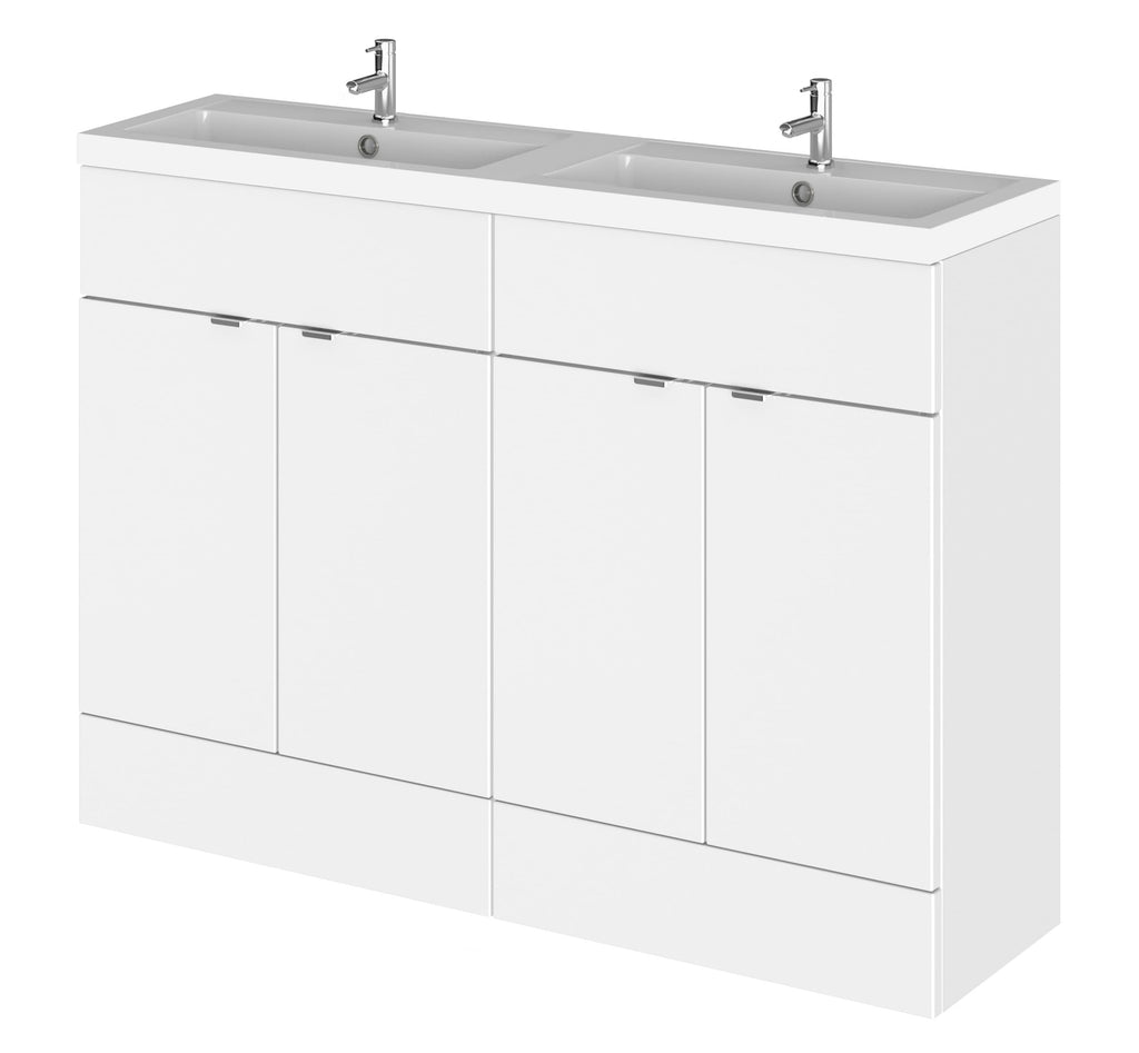 Modern white double bathroom vanity with integrated sinks and chrome taps, ideal for contemporary bathroom designs and space optimisation.