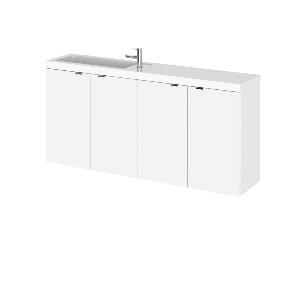 Sleek white bathroom vanity with integrated sink and modern chrome faucet, ideal for contemporary bathroom designs and efficient storage solutions.