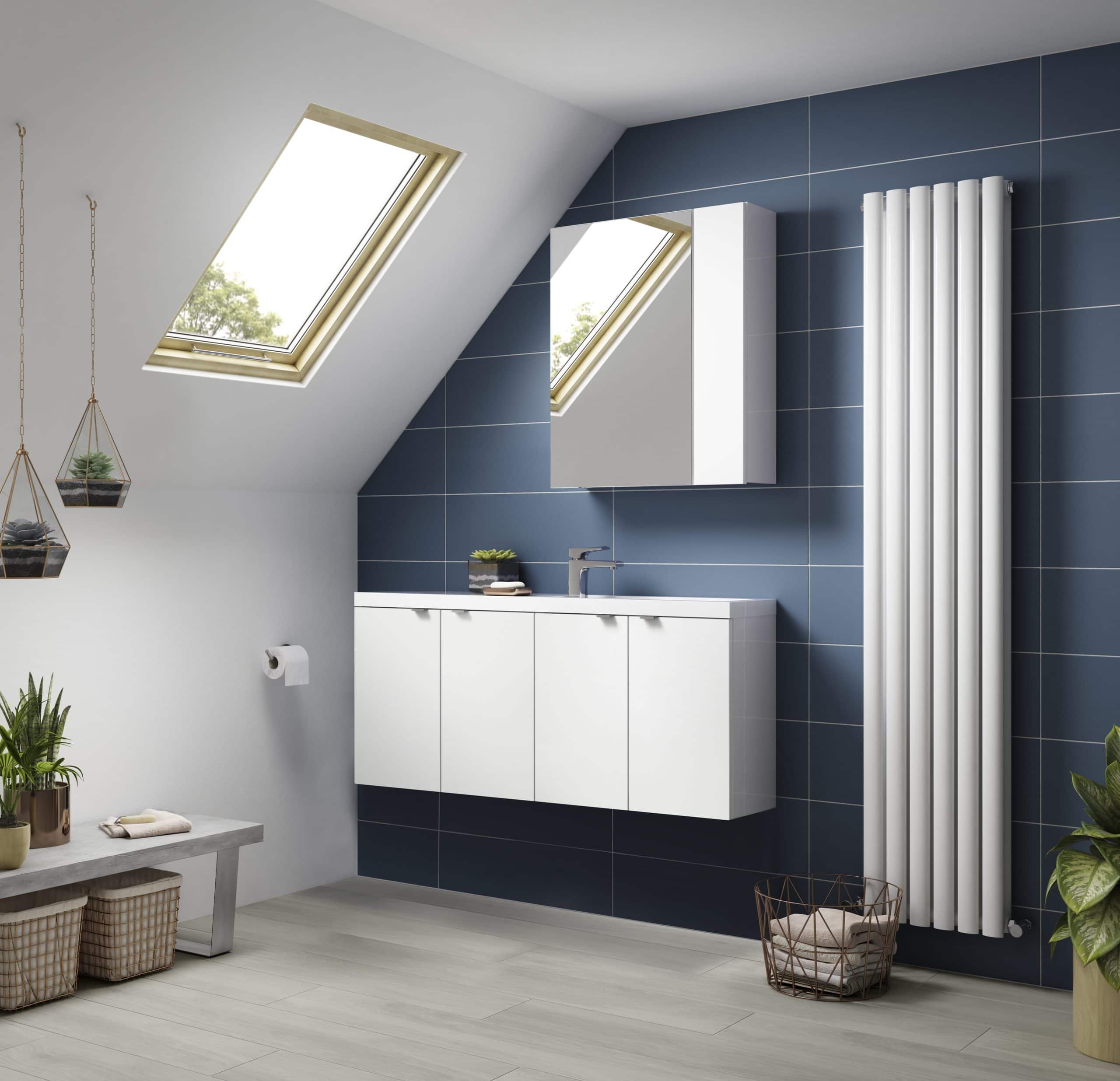 Modern bathroom with white vanity, blue wall tiles, radiator, skylights, and minimalist decor in a stylish attic conversion.