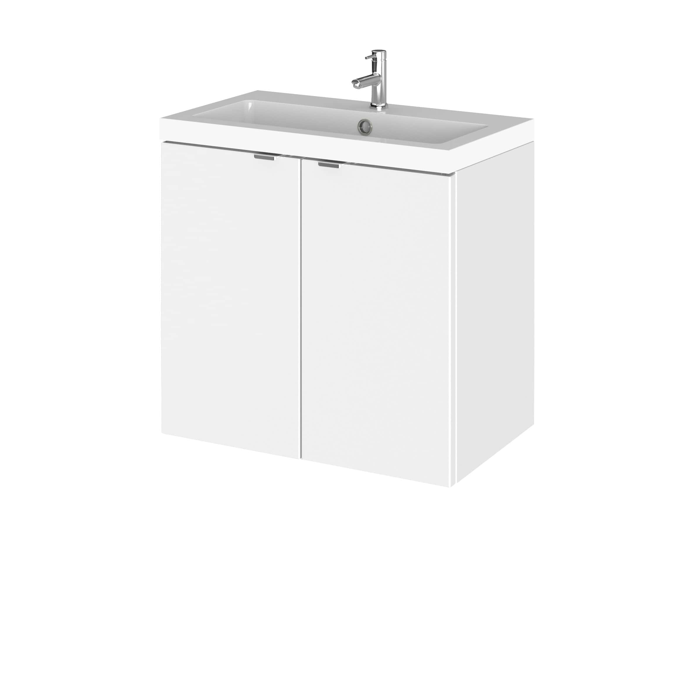 Modern white bathroom vanity with integrated sink and chrome faucet for contemporary bathroom decor. Ideal for bathrooms seeking sleek, space-saving storage solutions.