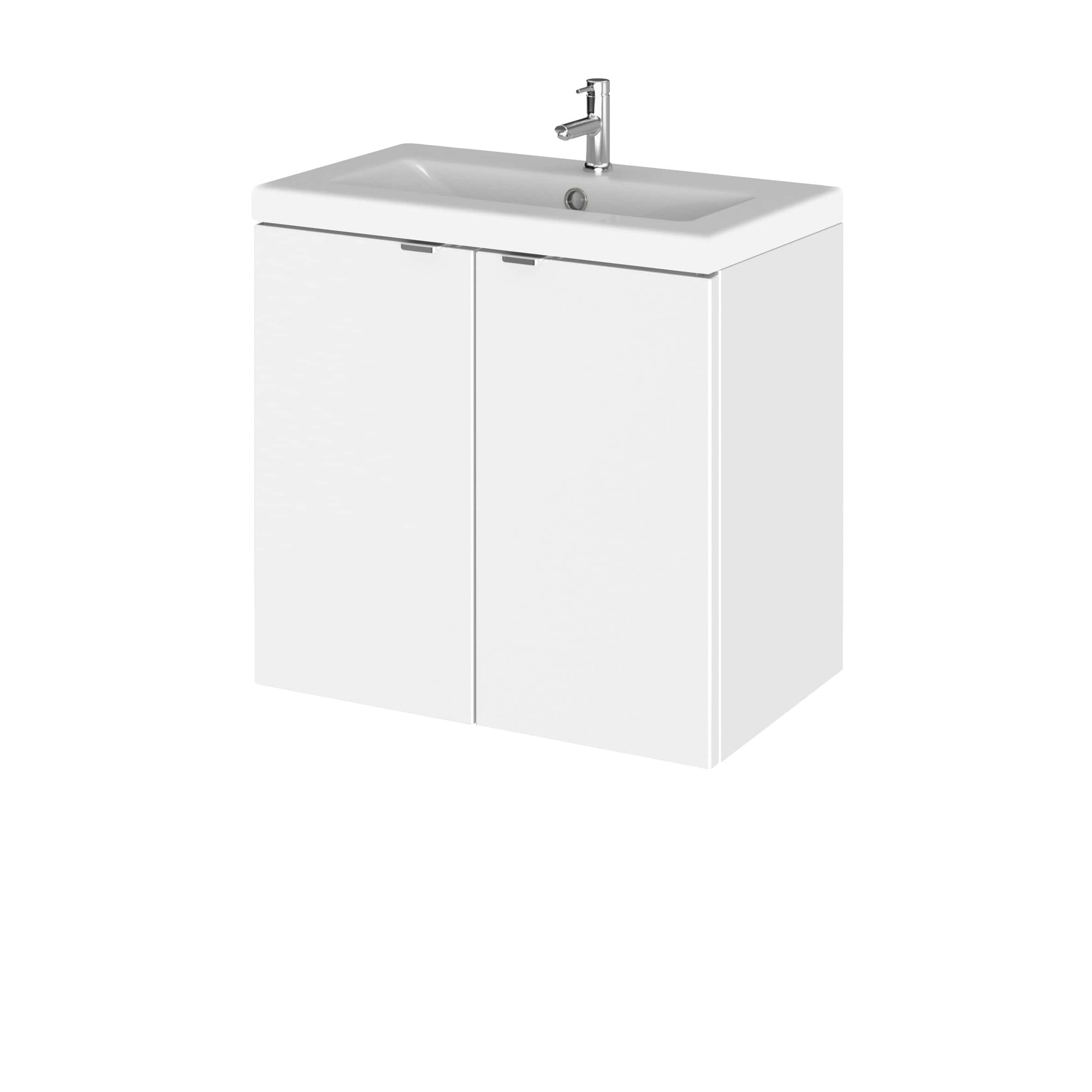 Modern white bathroom vanity with integrated sink and chrome faucet, perfect for contemporary bathroom designs. Durable cabinetry offers ample storage, combining style and functionality.