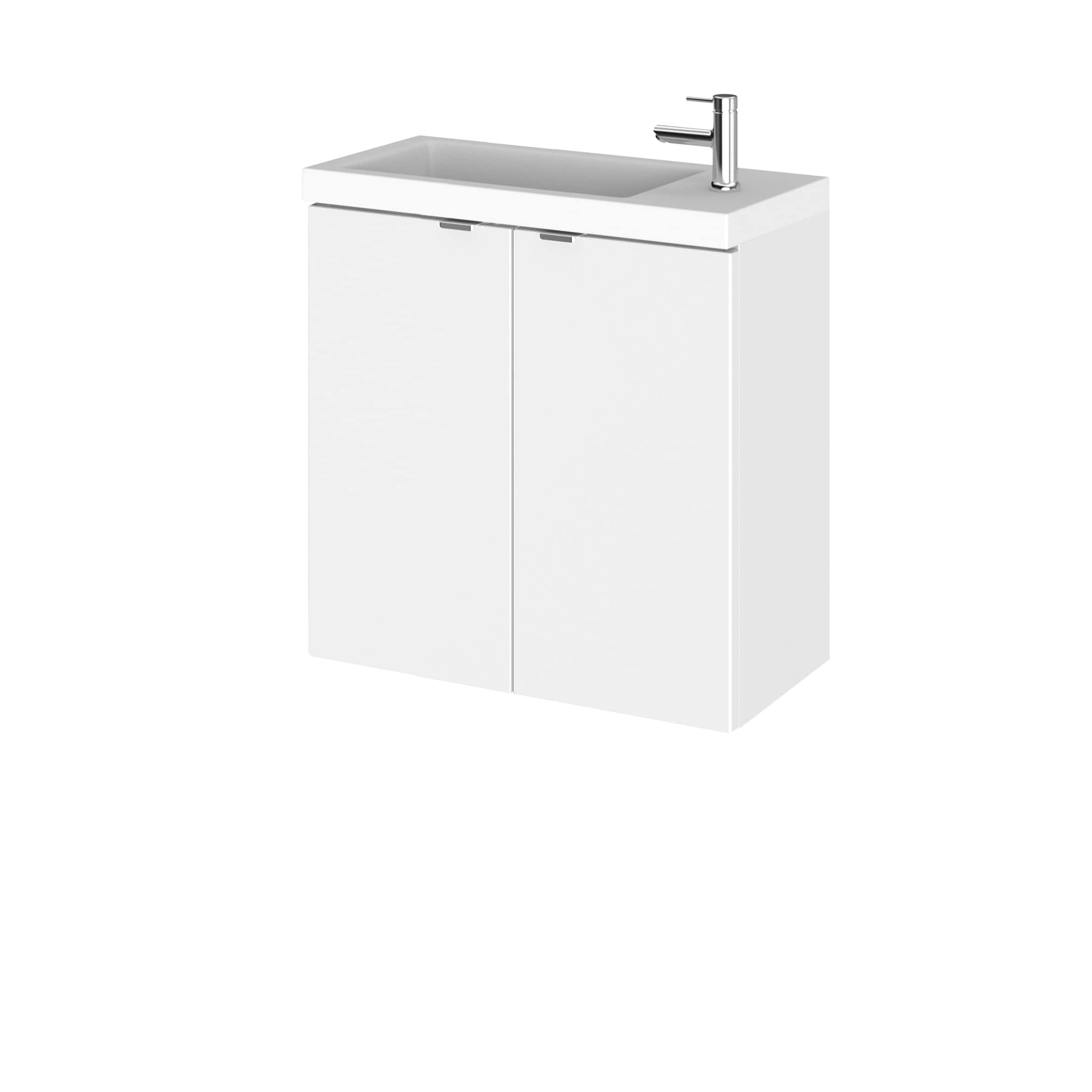 Modern white bathroom vanity with integrated sink and chrome tap, ideal for small bathrooms or en-suites, combining functionality and sleek design.