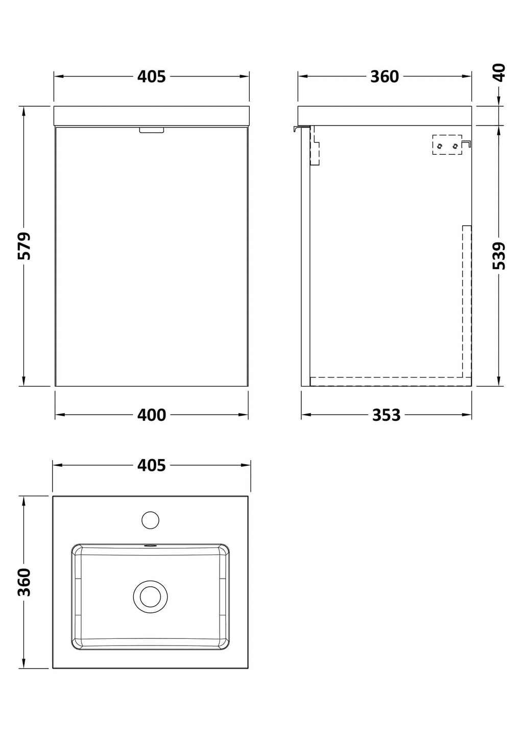 High-quality blueprint of a compact bathroom sink unit with detailed dimensions for bathroom renovation and design projects.
