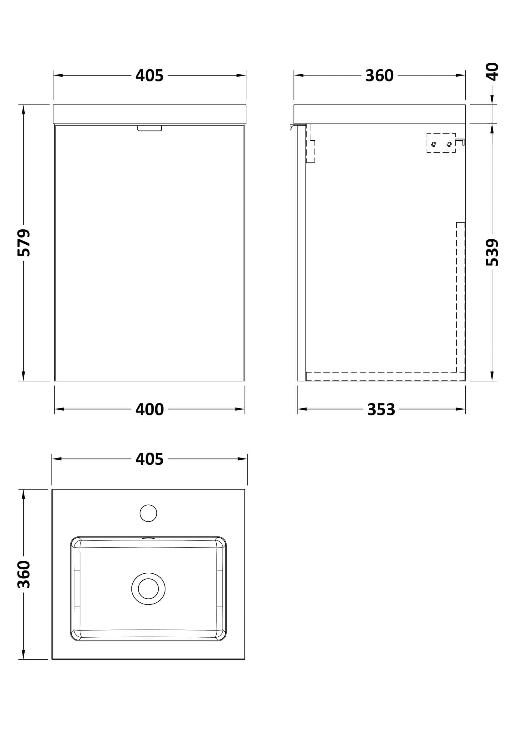 High-quality blueprint of a compact bathroom sink unit with detailed dimensions for bathroom renovation and design projects.