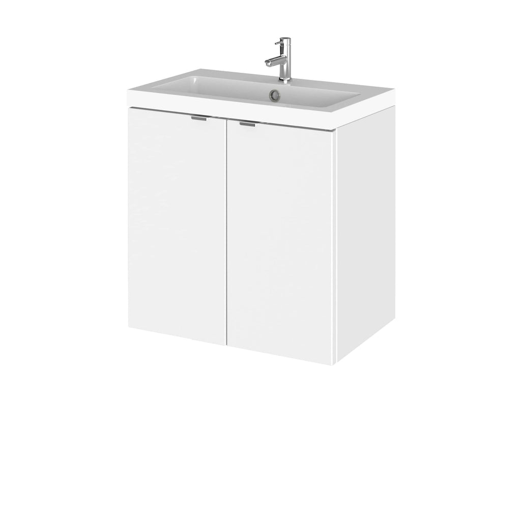 Modern white bathroom sink unit with cabinet storage and sleek chrome tap, ideal for contemporary bathroom designs. Perfect for space-saving and stylish bathroom functionality.