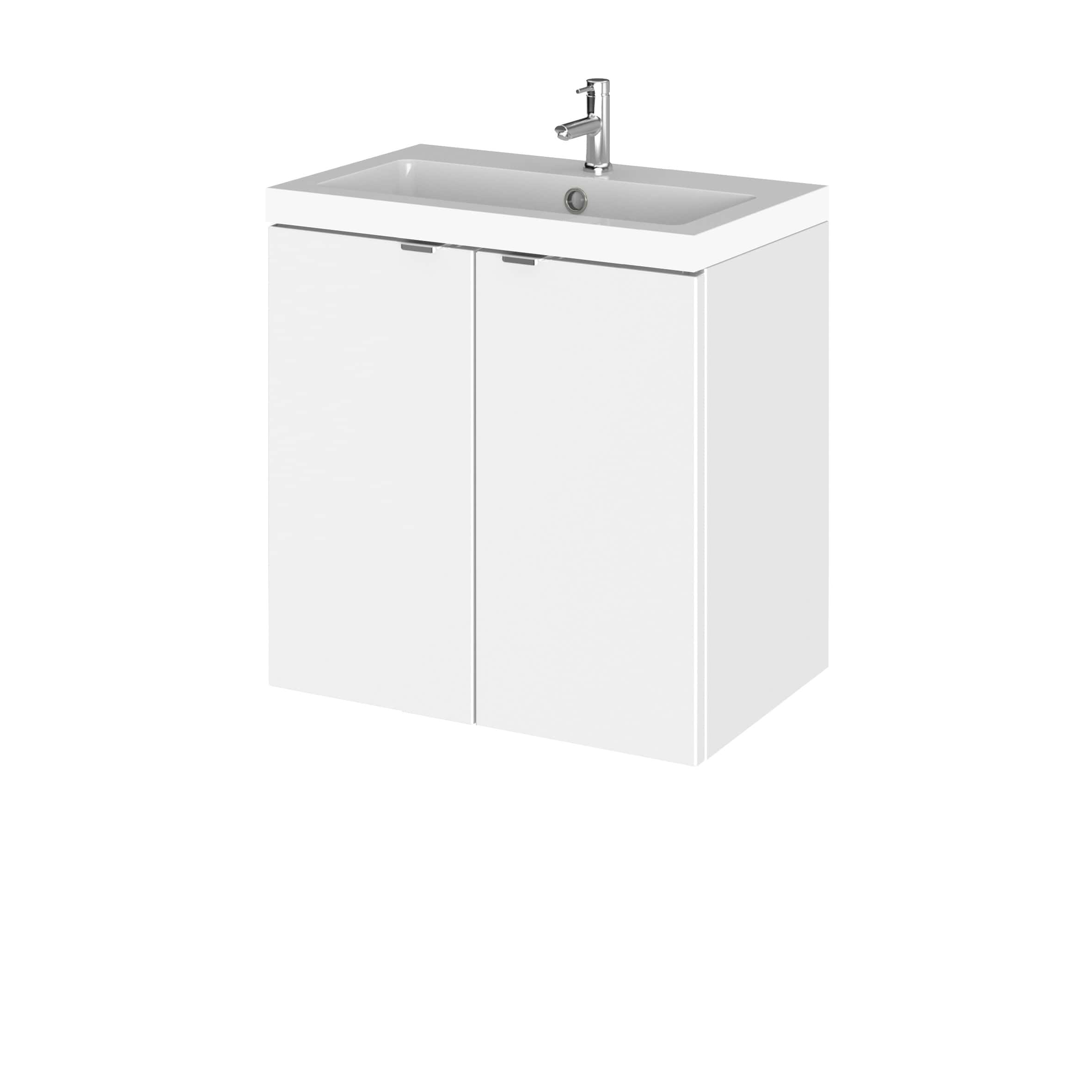 Modern white bathroom sink unit with cabinet storage and sleek chrome tap, ideal for contemporary bathroom designs. Perfect for space-saving and stylish bathroom functionality.