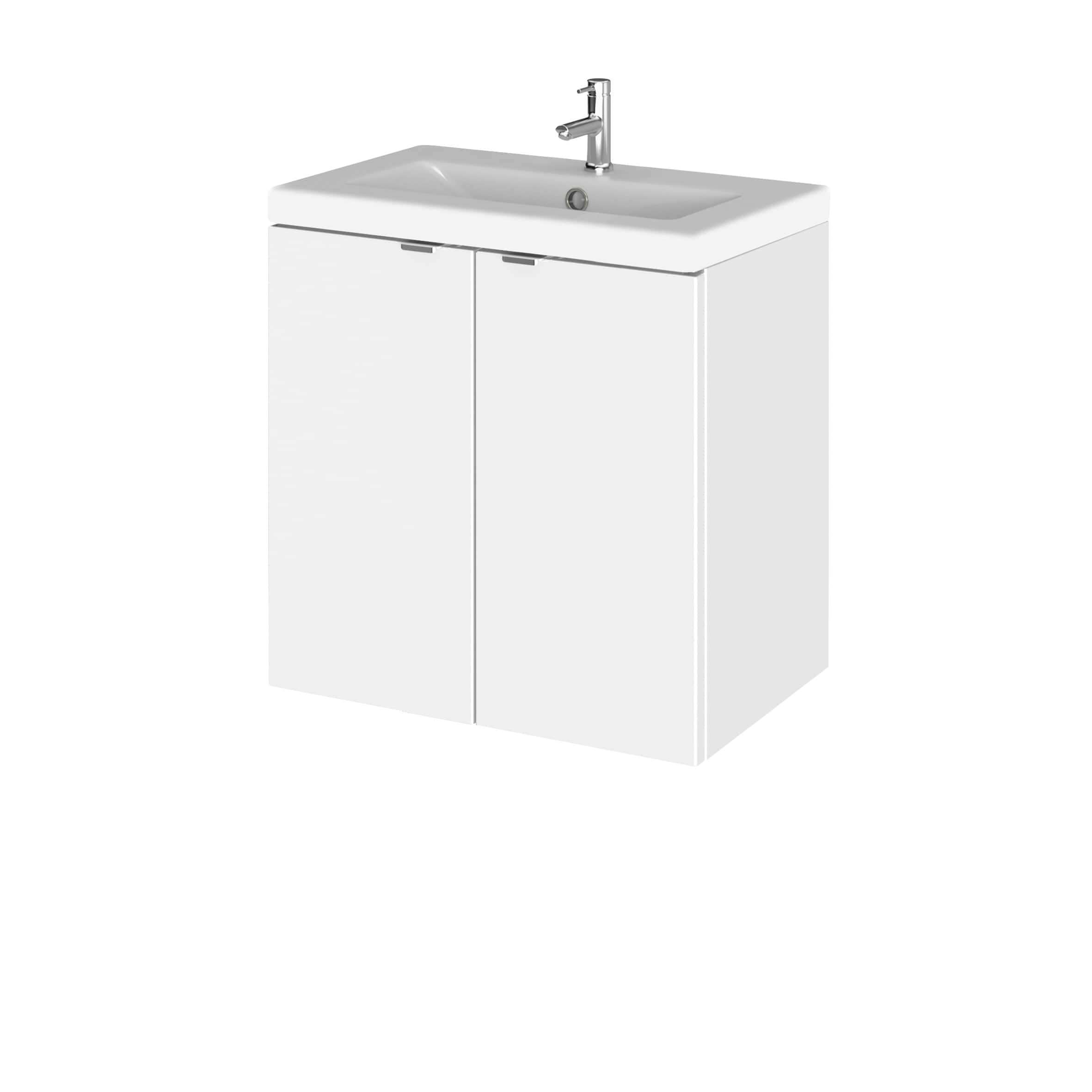 Modern white bathroom vanity with integrated sink and chrome faucet, ideal for stylish bathroom renovation and storage.