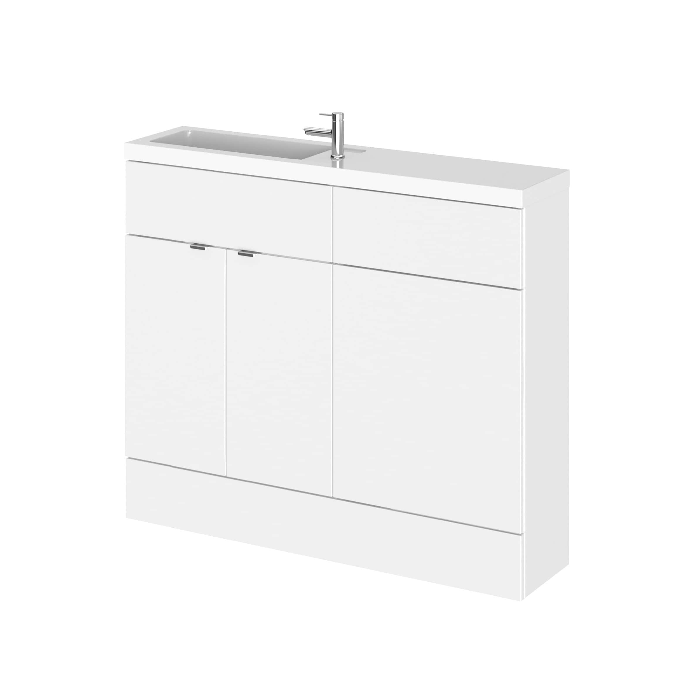 White bathroom vanity unit with a integrated sink and chrome faucet, ideal for modern bathroom storage solutions.