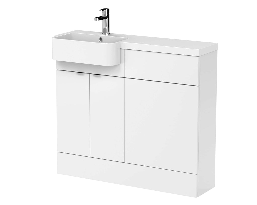Premium white bathroom vanity unit with integrated sink and storage for modern bathroom design. Durable, sleek, and functional furniture from Bubly Bathrooms.