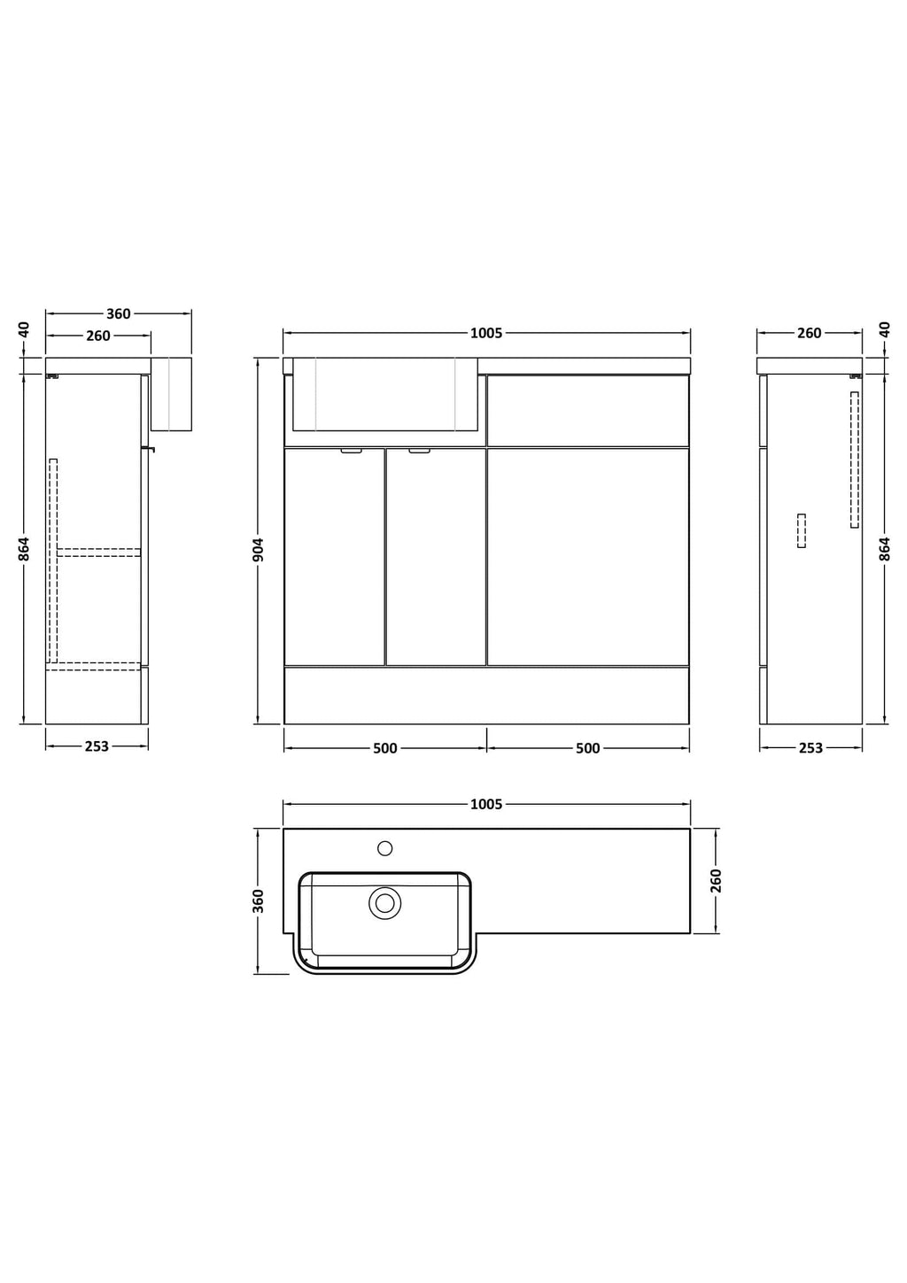 Sleek modern bathroom vanity with integrated sink, detailed technical drawing for custom installation, measuring 1005mm width and 904mm height, designed for optimal space and style.