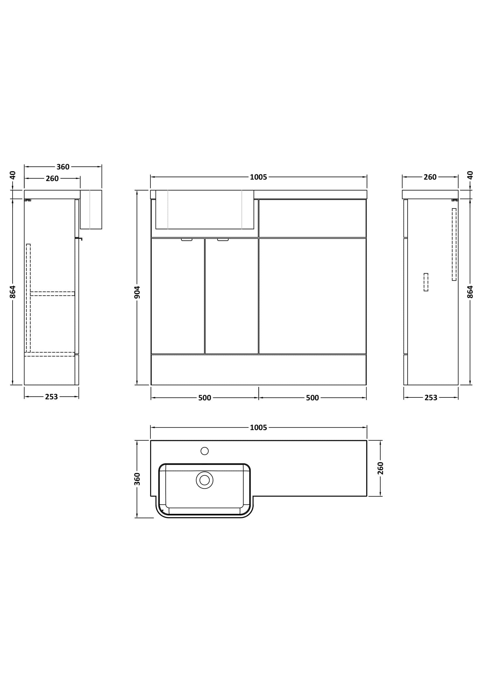 Sleek modern bathroom vanity with integrated sink, detailed technical drawing for custom installation, measuring 1005mm width and 904mm height, designed for optimal space and style.