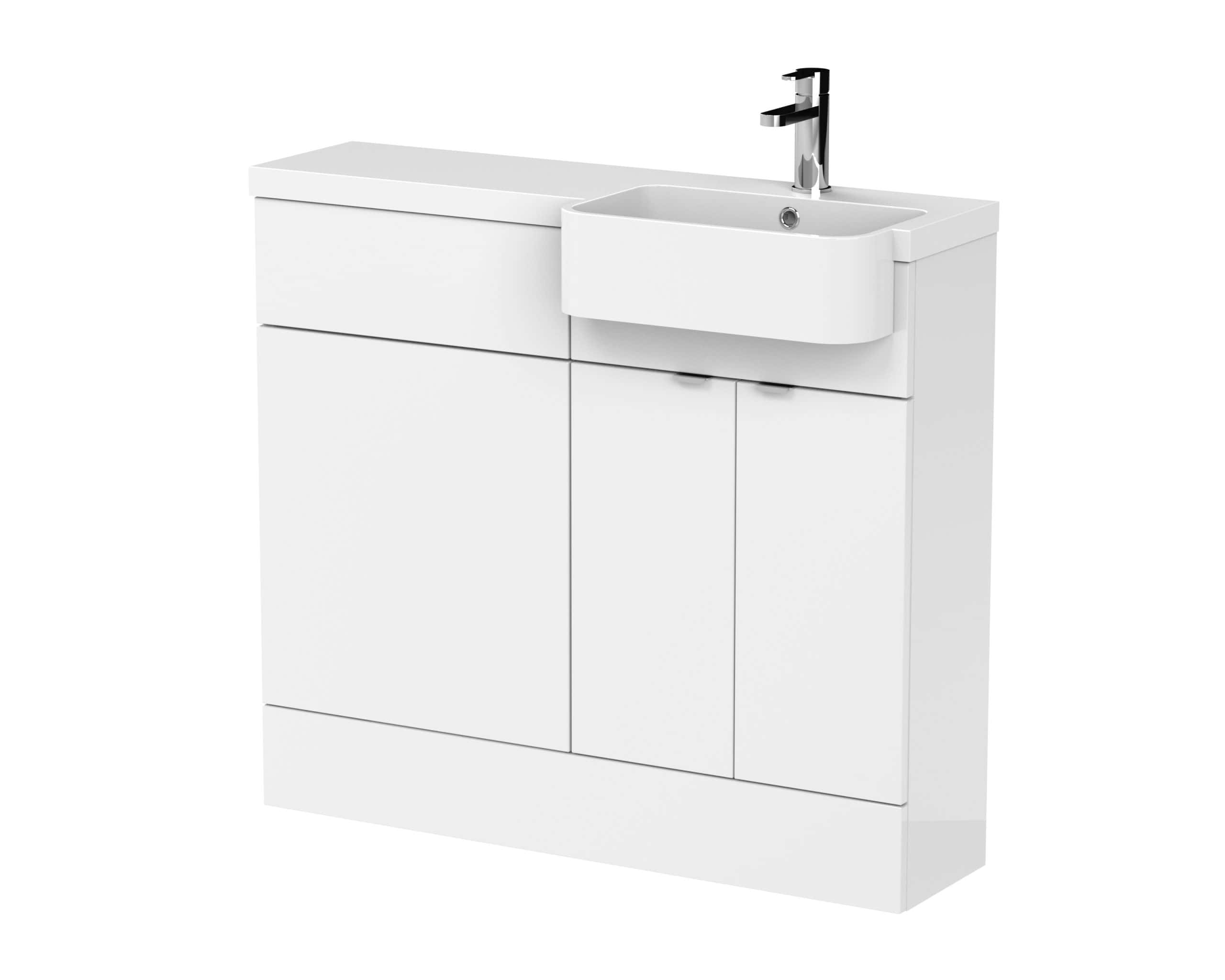 Modern white bathroom sink cabinet with integrated basin, sleek storage unit, and chrome faucet, ideal for contemporary bathroom designs, combining functionality with stylish minimalism.