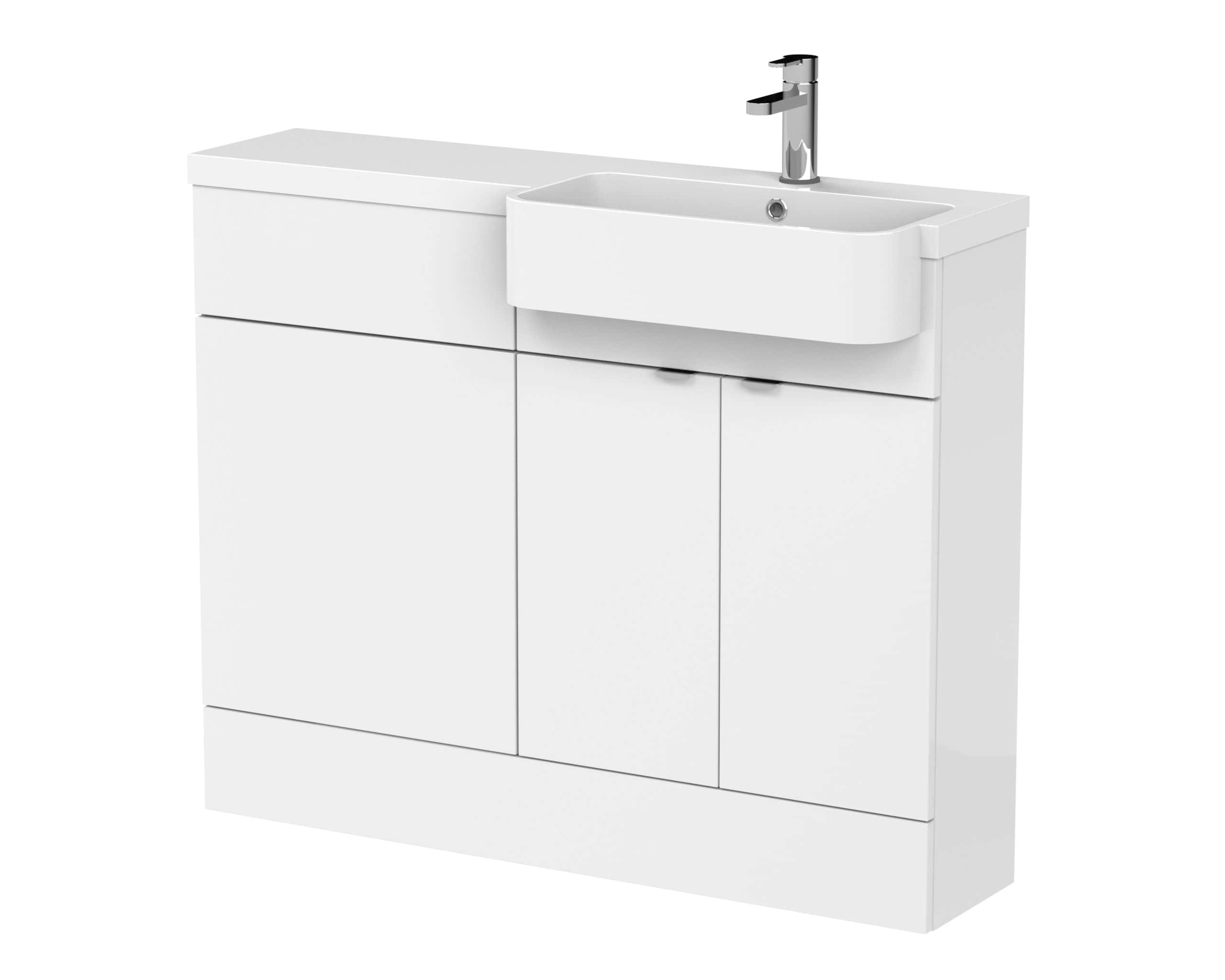 Sleek white bathroom vanity with integrated sink and storage cabinets, perfect for modern Bubly bathrooms, combining functionality and stylish design.