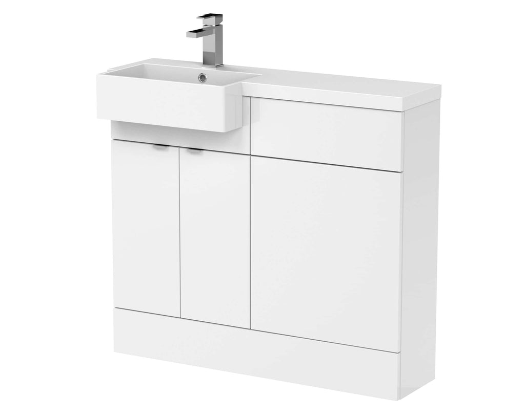 Contemporary white bathroom vanity unit with integrated sink and storage cabinets, modern design, perfect for enhancing bathroom functionality and style.
