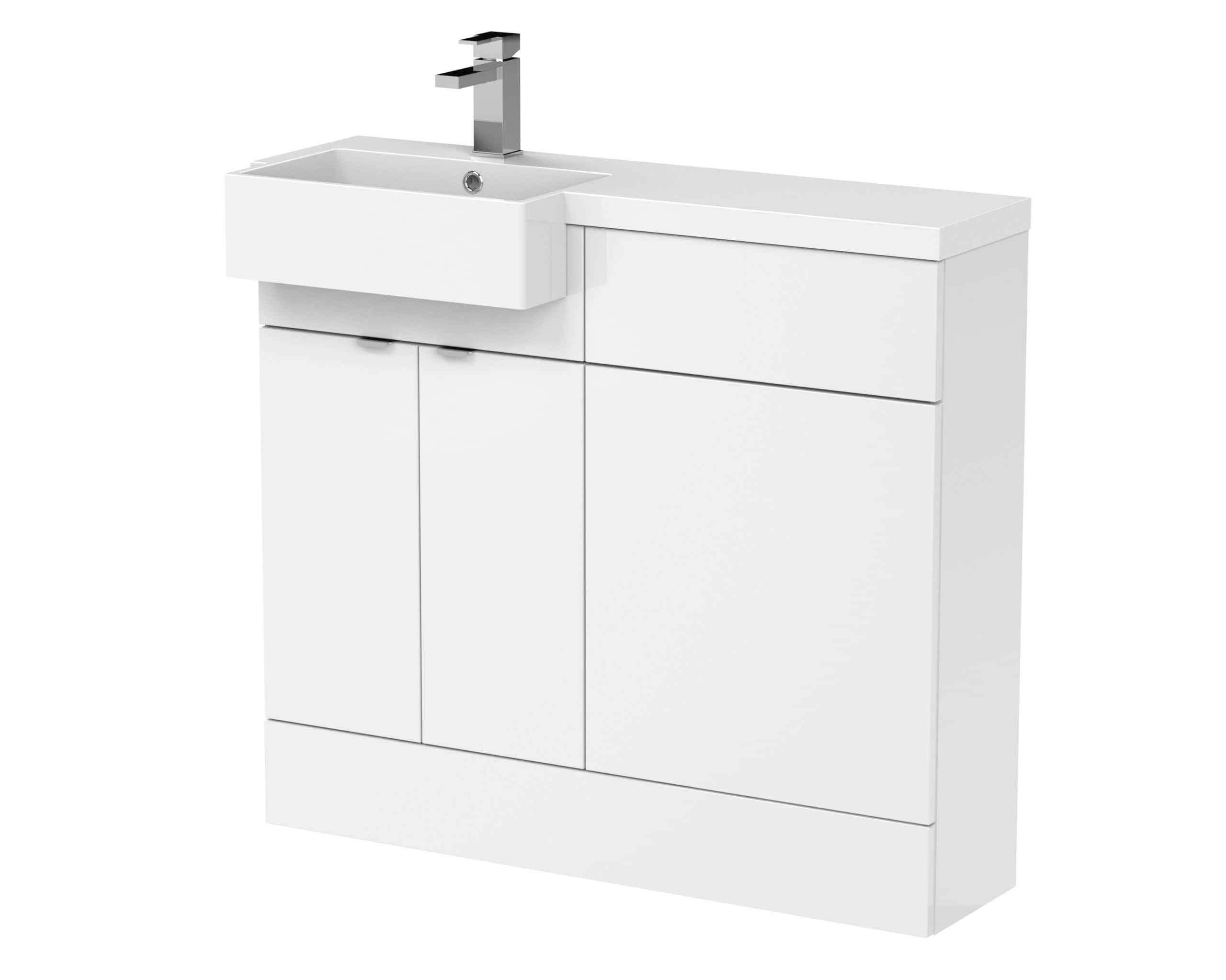 Contemporary white bathroom vanity unit with integrated sink and storage cabinets, modern design, perfect for enhancing bathroom functionality and style.