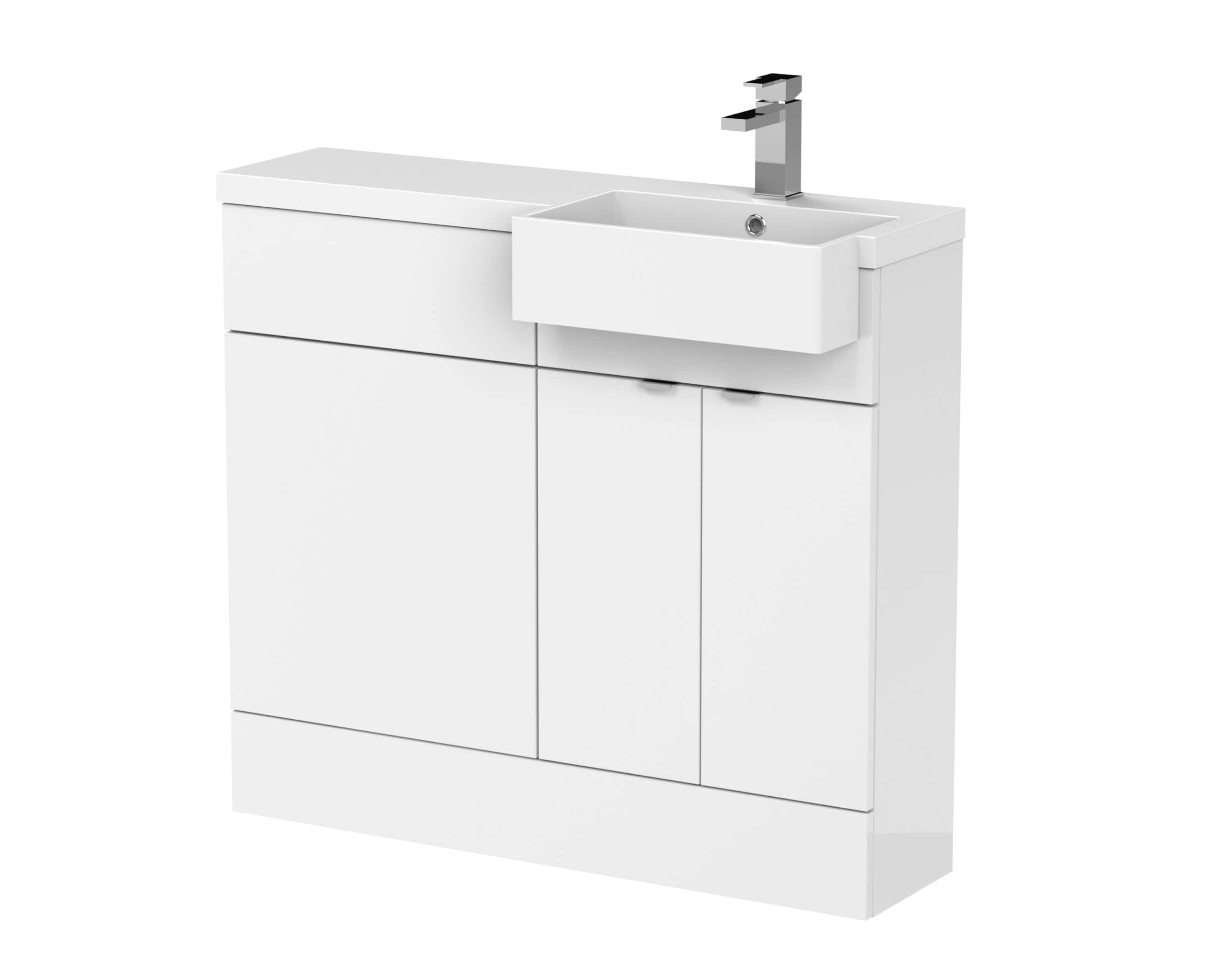 Modern white bathroom vanity with integrated sink and storage cabinets, ideal for stylish bathroom renovation and plumbing fixtures. Perfect for contemporary bathrooms.