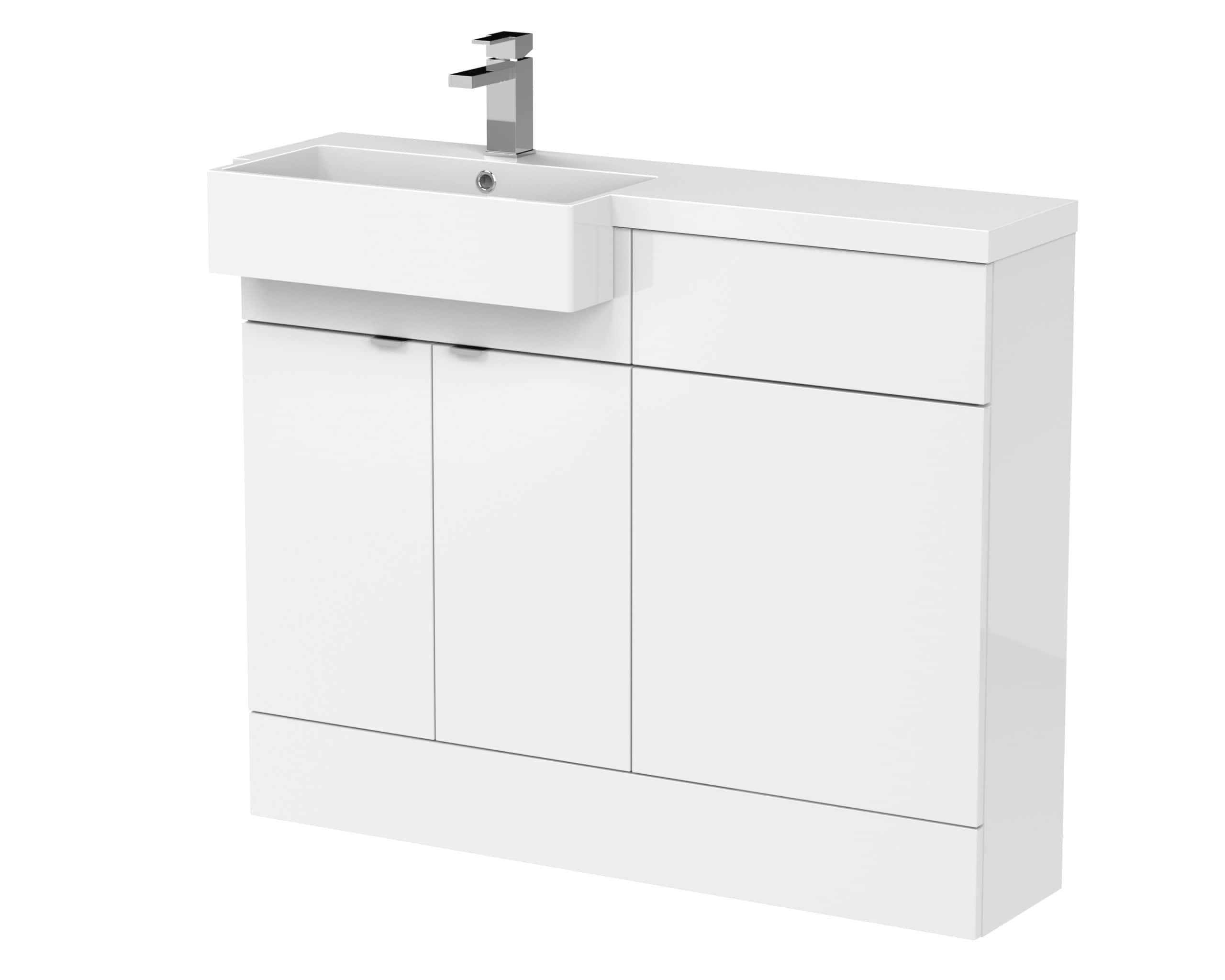 Modern white bathroom vanity unit with integrated sink for stylish bathroom storage and plumbing solutions.