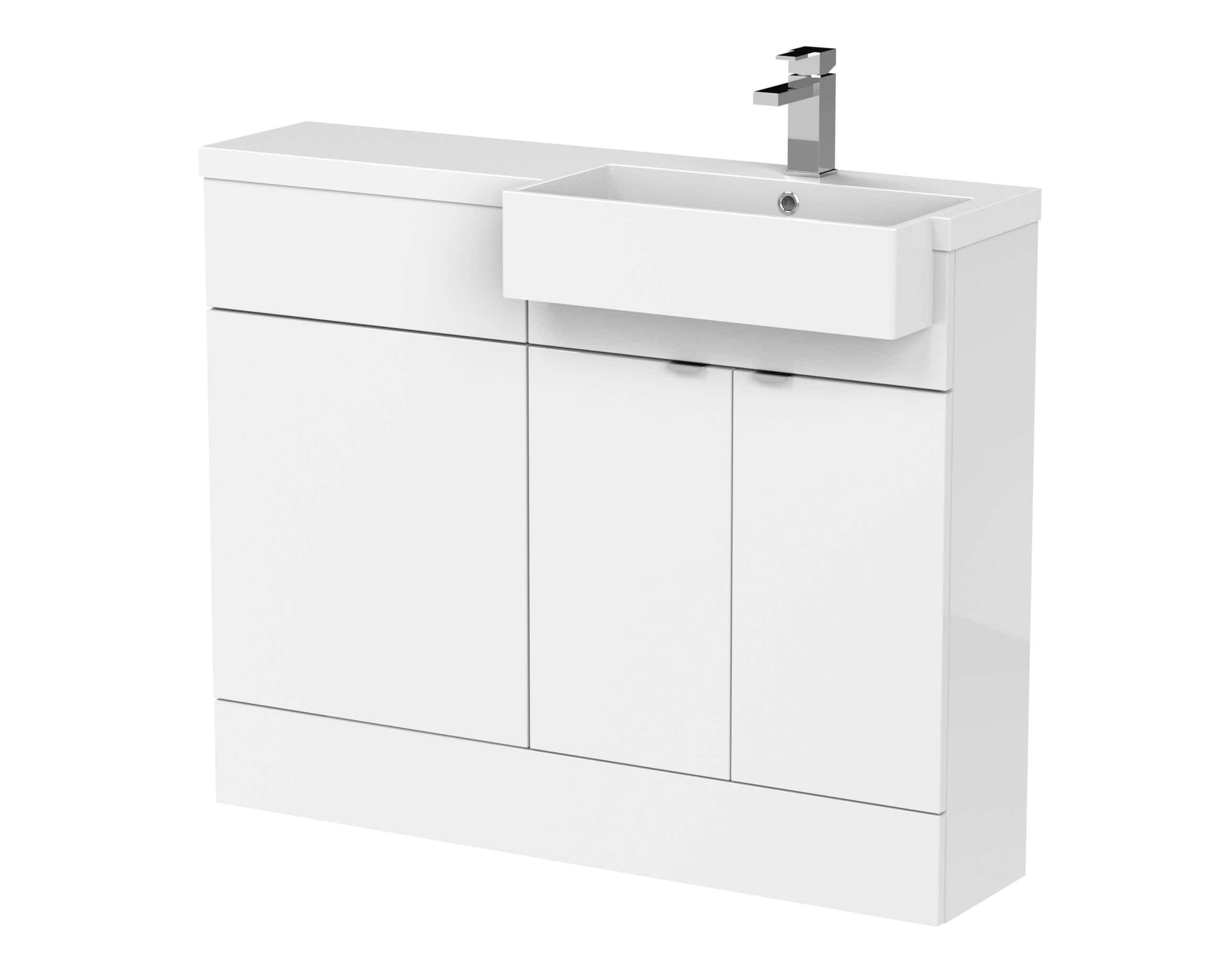 Modern white bathroom vanity unit with integrated sink and storage cabinets for stylish, functional bathroom design.